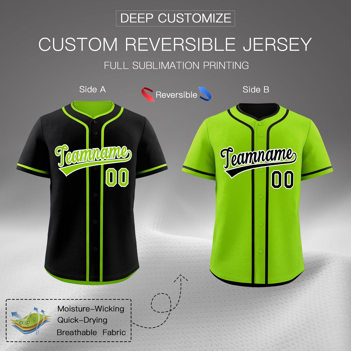 Custom Neon Green Black Reversible Classic Style Lightweight Baseball Jersey| KXKSHOP
