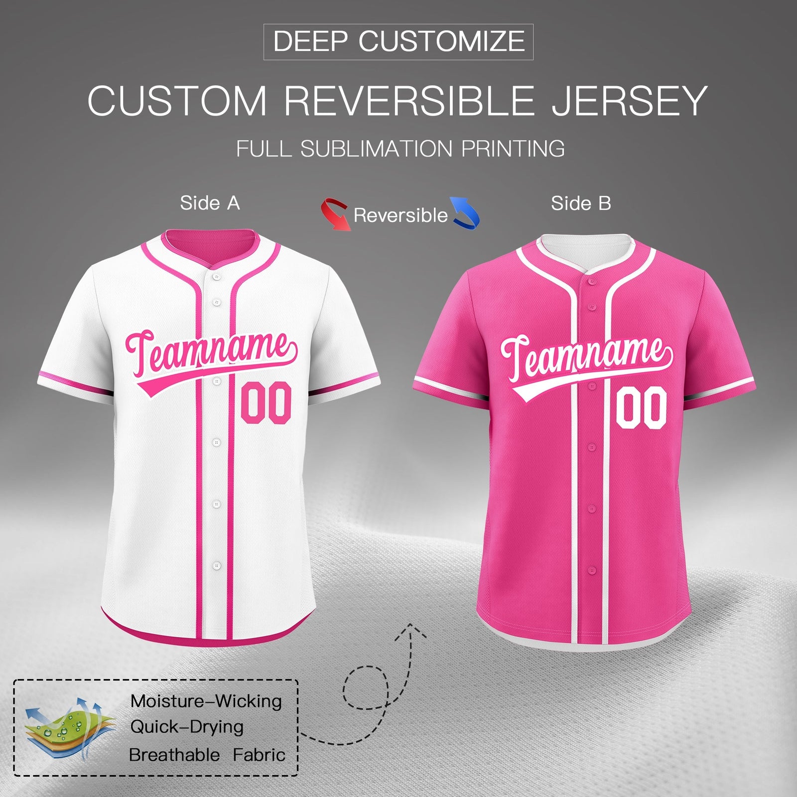 Custom Pink White Reversible Classic Style Moisture-Wicking Baseball Jersey| KXKSHOP
