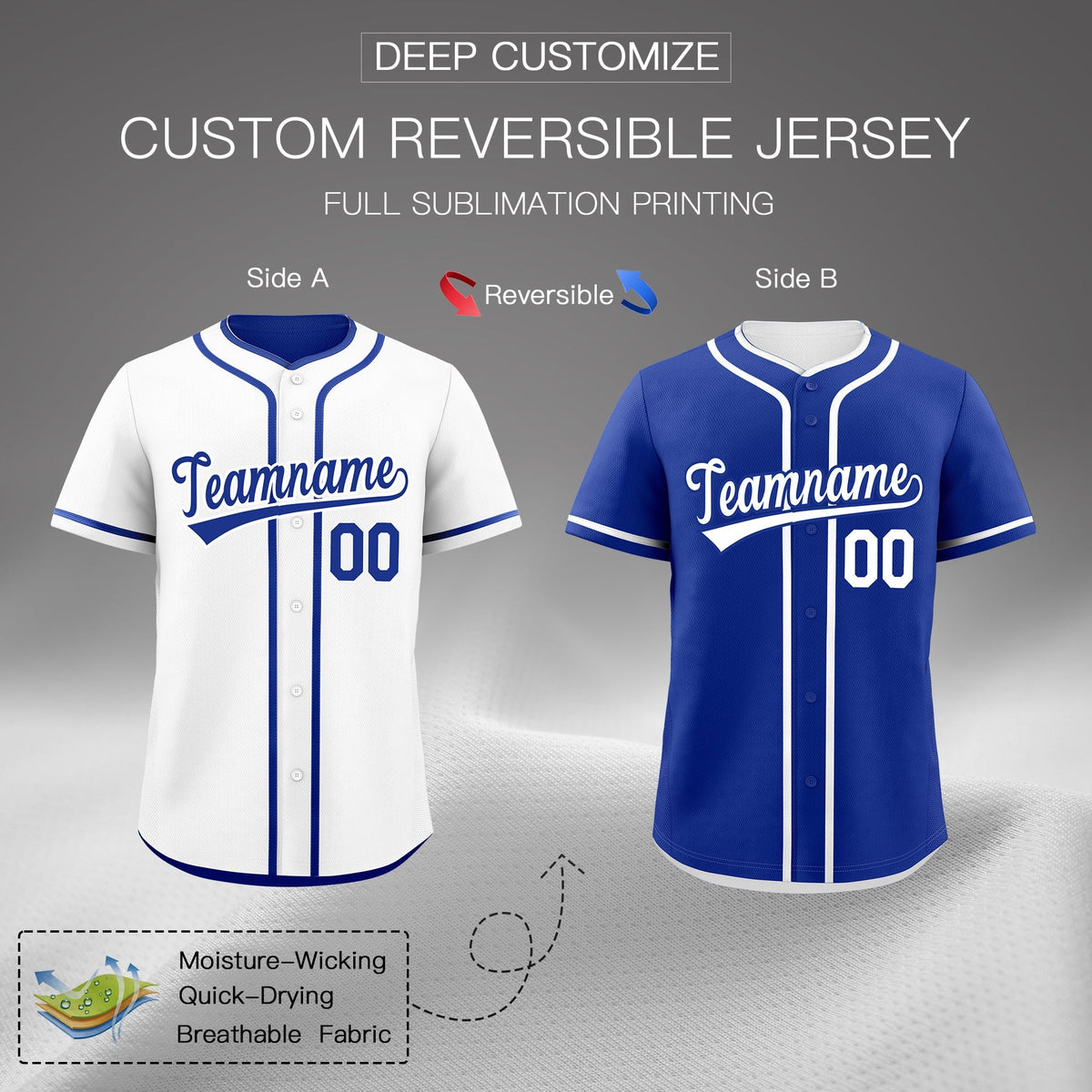 Custom Royal Blue Reversible Classic Style Moisture-Wicking Baseball Jersey| KXKSHOP