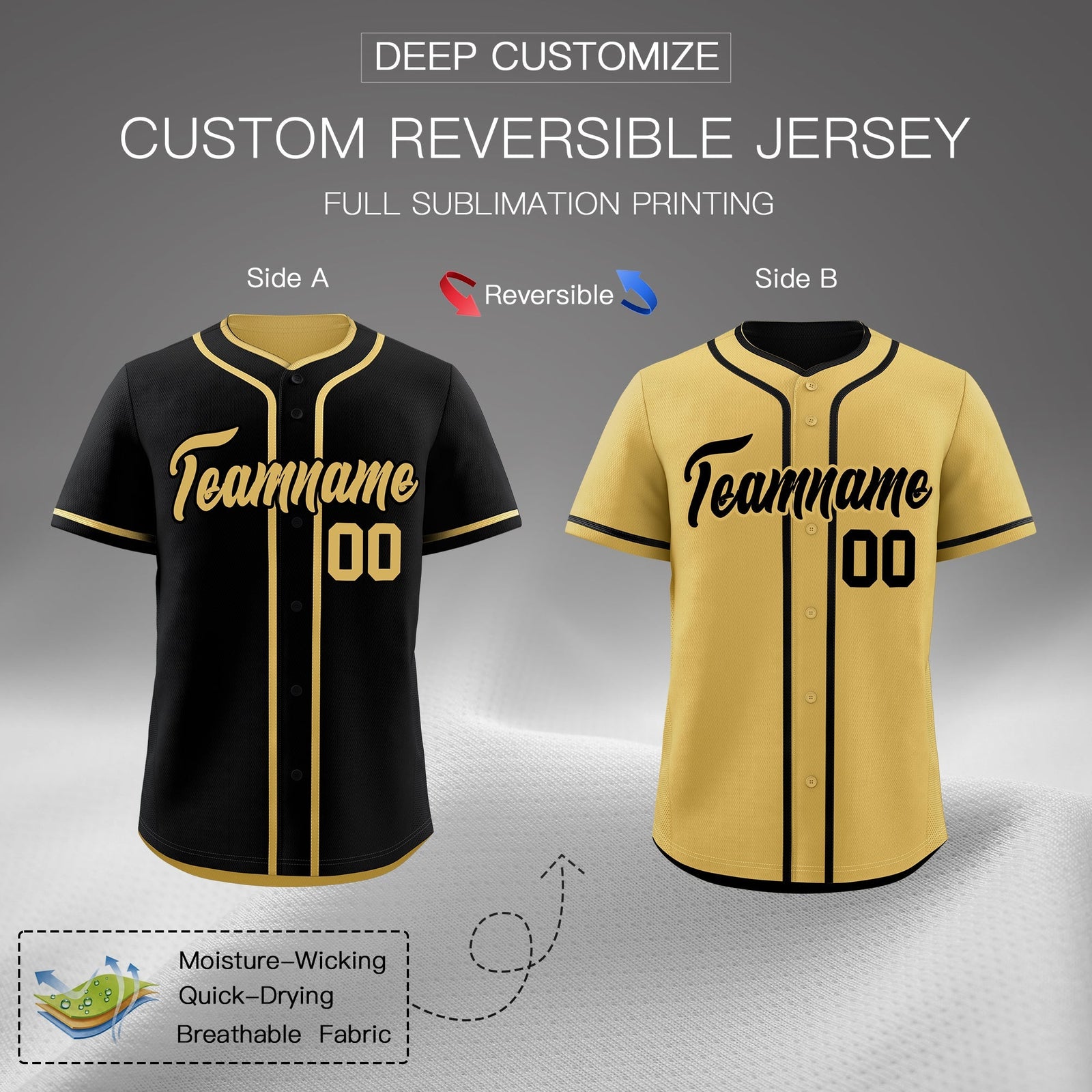 Custom Old Gold Black Reversible Classic Style Moisture-Wicking Baseball Jersey| KXKSHOP