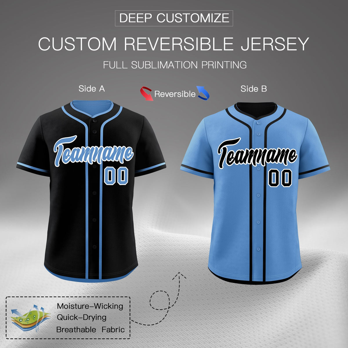 Custom Light Blue Black Reversible Classic Style Moisture-Wicking Baseball Jersey| KXKSHOP