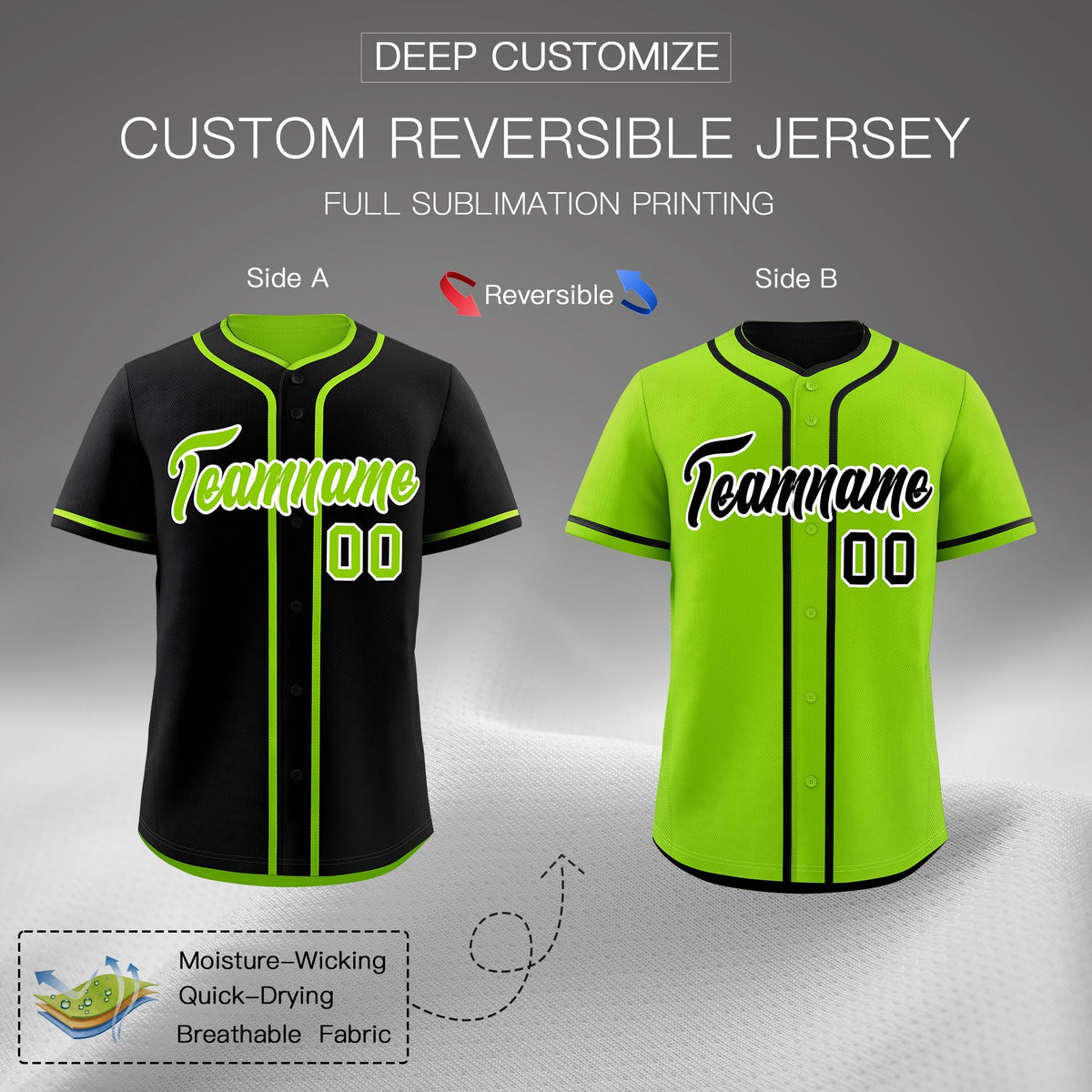 Custom Neon Green Black Reversible Classic Style Lightweight Baseball Jersey| KXKSHOP