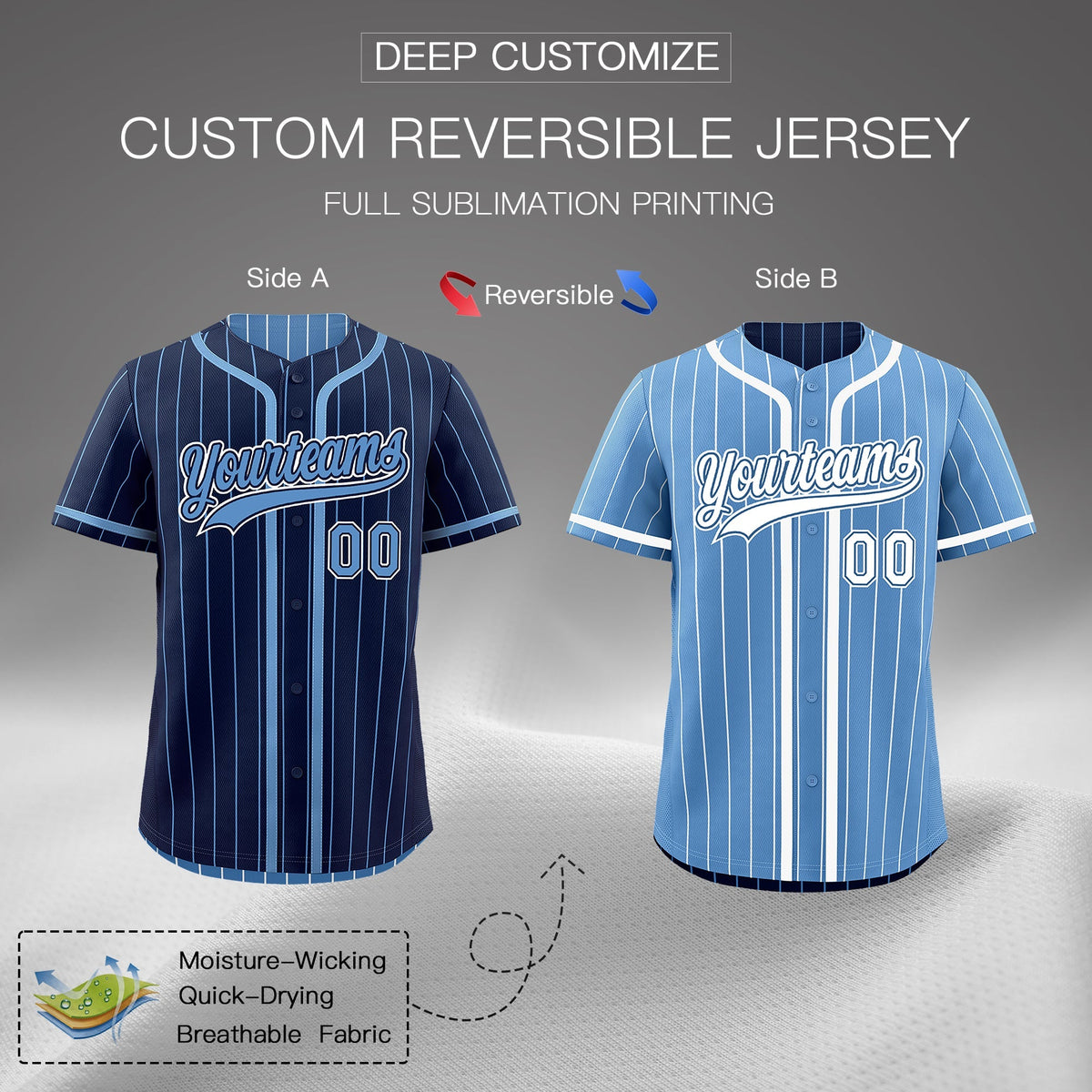 Custom Navy Light Blue Reversible Gradient Fashion Breathable Baseball Jersey| KXKSHOP
