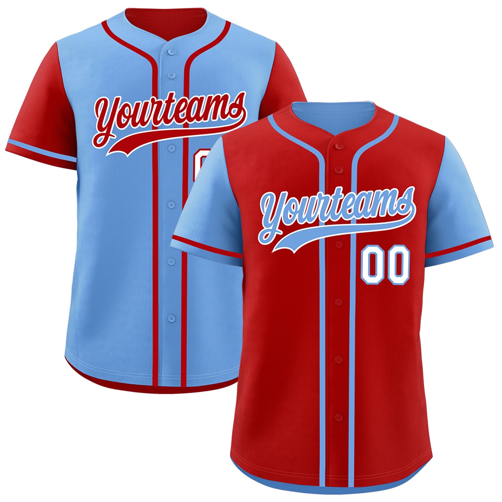 Custom Light Blue Red Reversible Raglan Sleeves Baseball Jersey| KXKSHOP