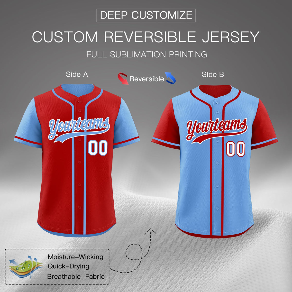 Custom Light Blue Red Reversible Raglan Sleeves Baseball Jersey| KXKSHOP
