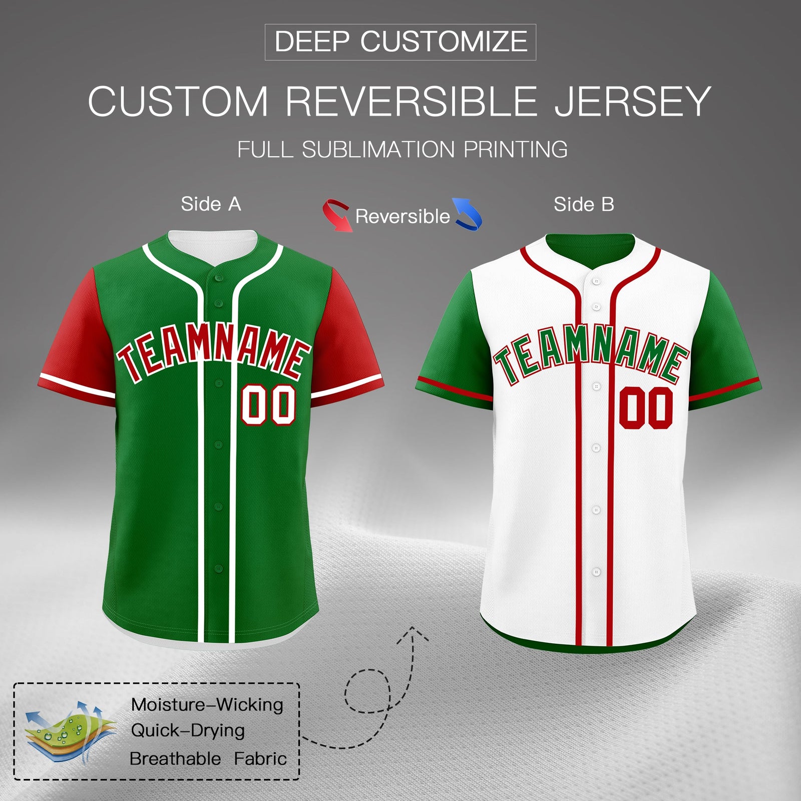 Custom Kelly Green White Red Reversible Raglan Sleeves Baseball Jersey| KXKSHOP