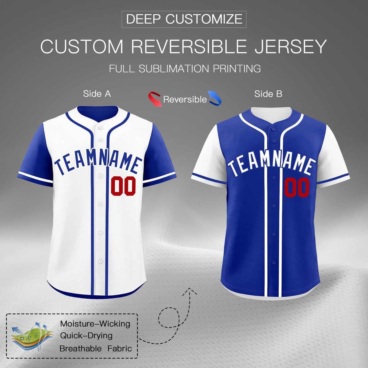 Custom Royal Blue White Reversible Raglan Sleeves Baseball Jersey| KXKSHOP