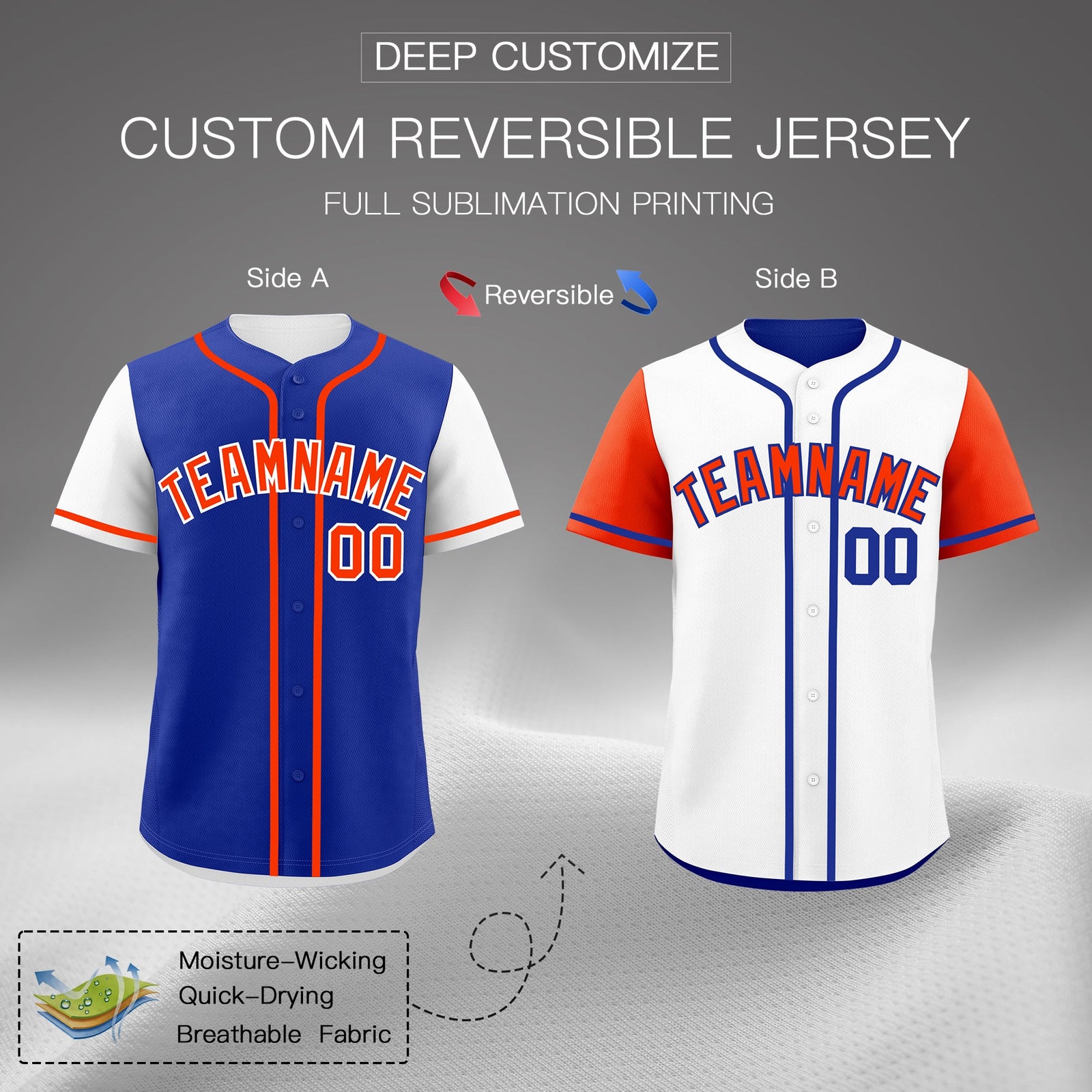 Custom Royal Blue White Orange Reversible Raglan Sleeves Baseball Jersey| KXKSHOP
