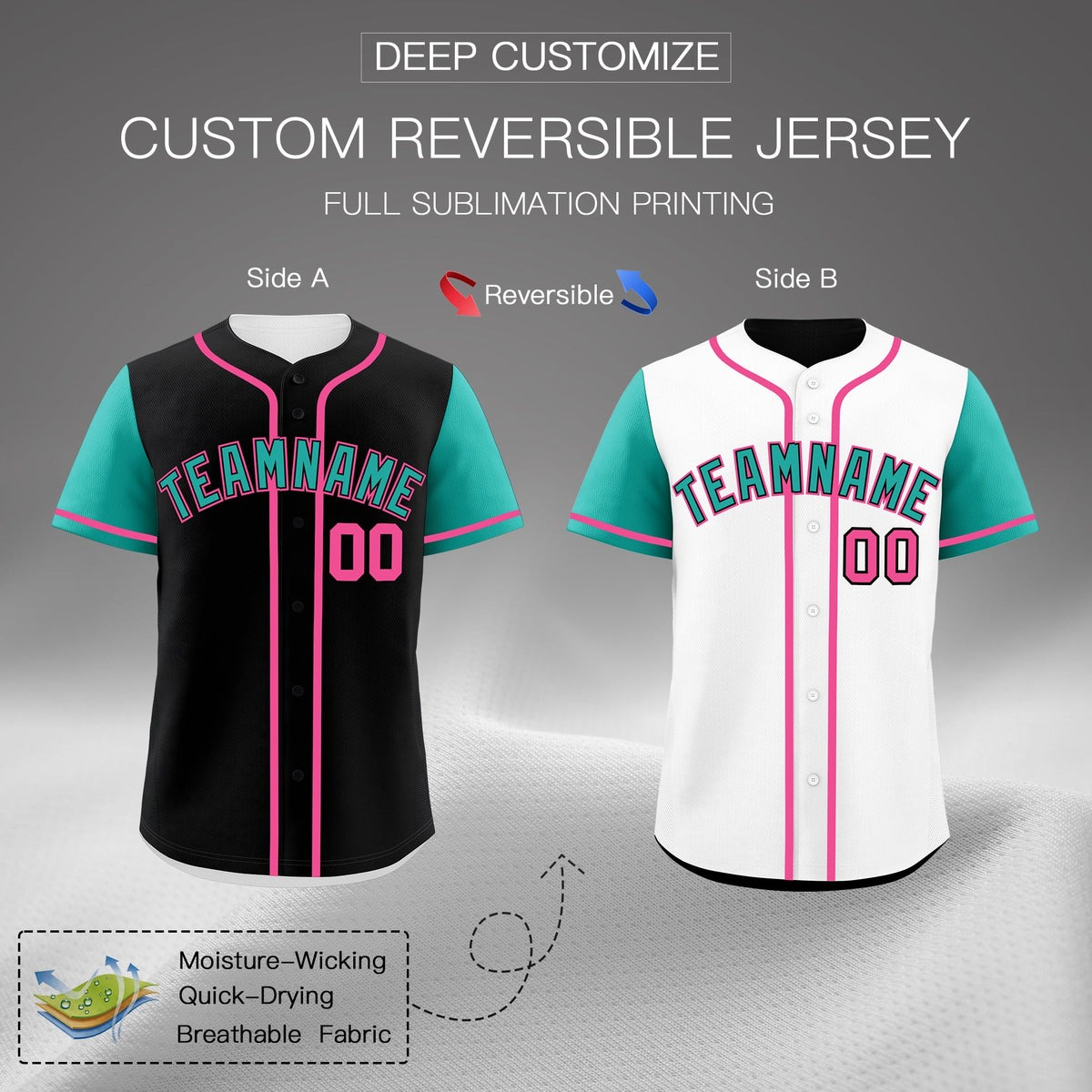 Custom Black White Pink Reversible Raglan Sleeves Baseball Jersey| KXKSHOP