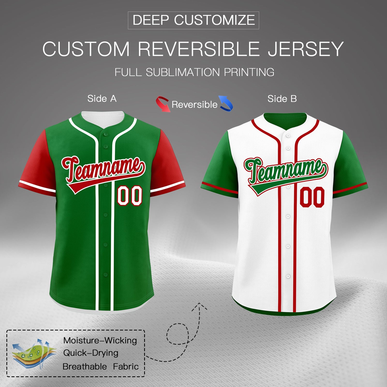Custom Kelly Green White Red Reversible Raglan Sleeves Baseball Jersey| KXKSHOP