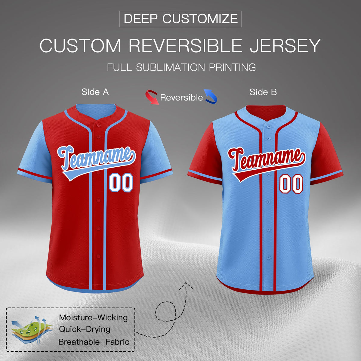 Custom Light Blue Red Reversible Raglan Sleeves Baseball Jersey| KXKSHOP