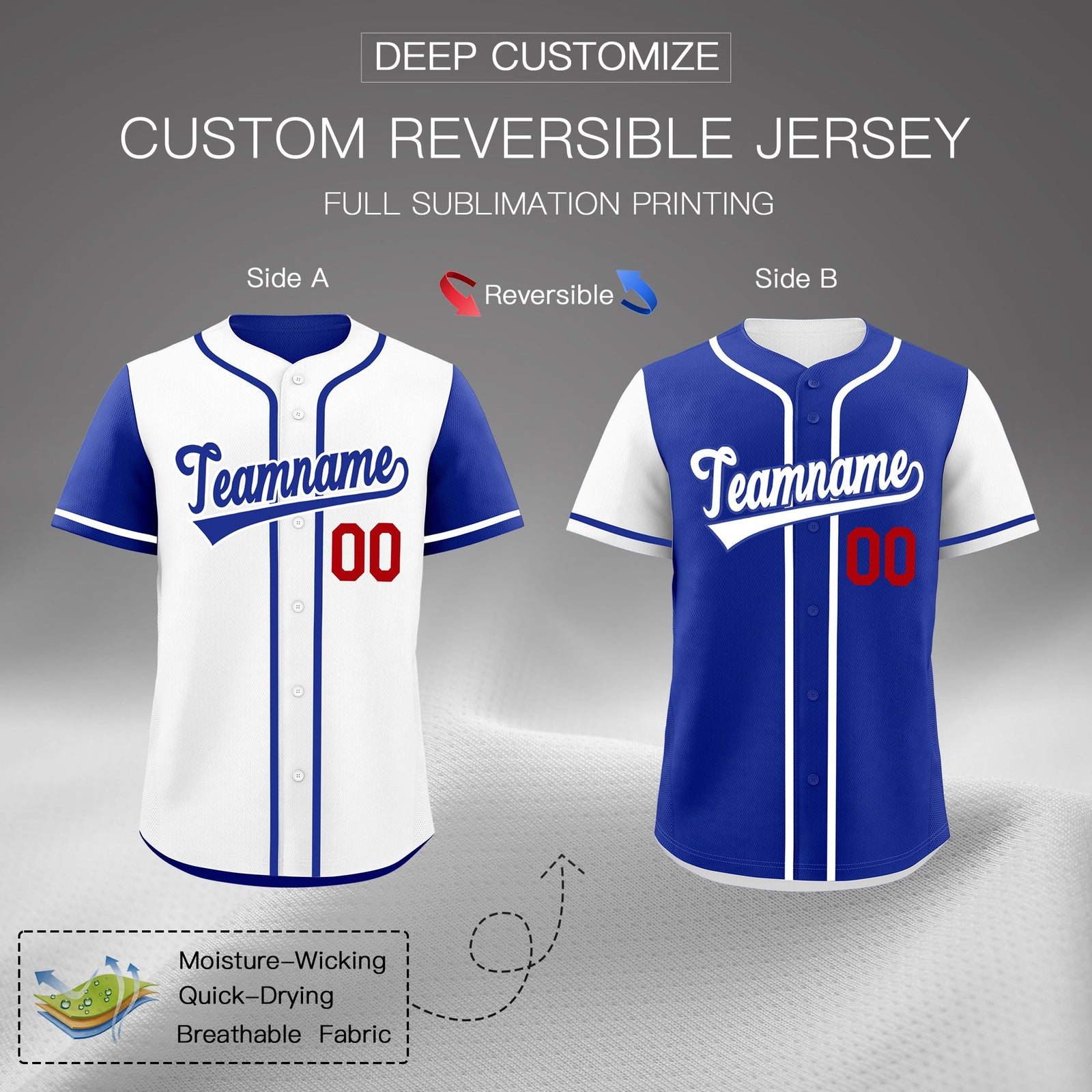Custom Royal Blue White Reversible Raglan Sleeves Baseball Jersey| KXKSHOP