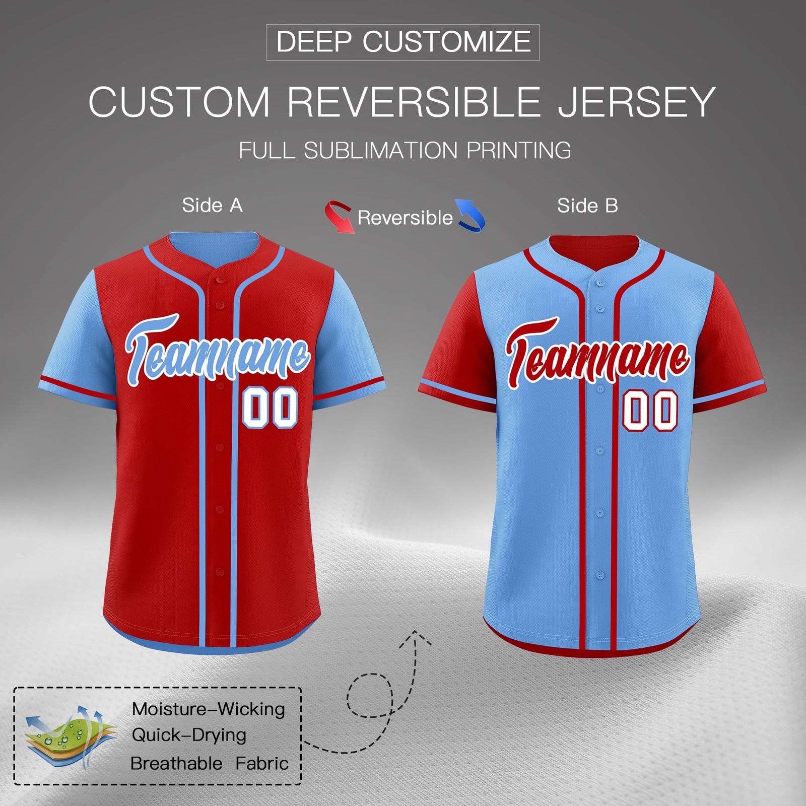 Custom Light Blue Red Reversible Raglan Sleeves Baseball Jersey| KXKSHOP
