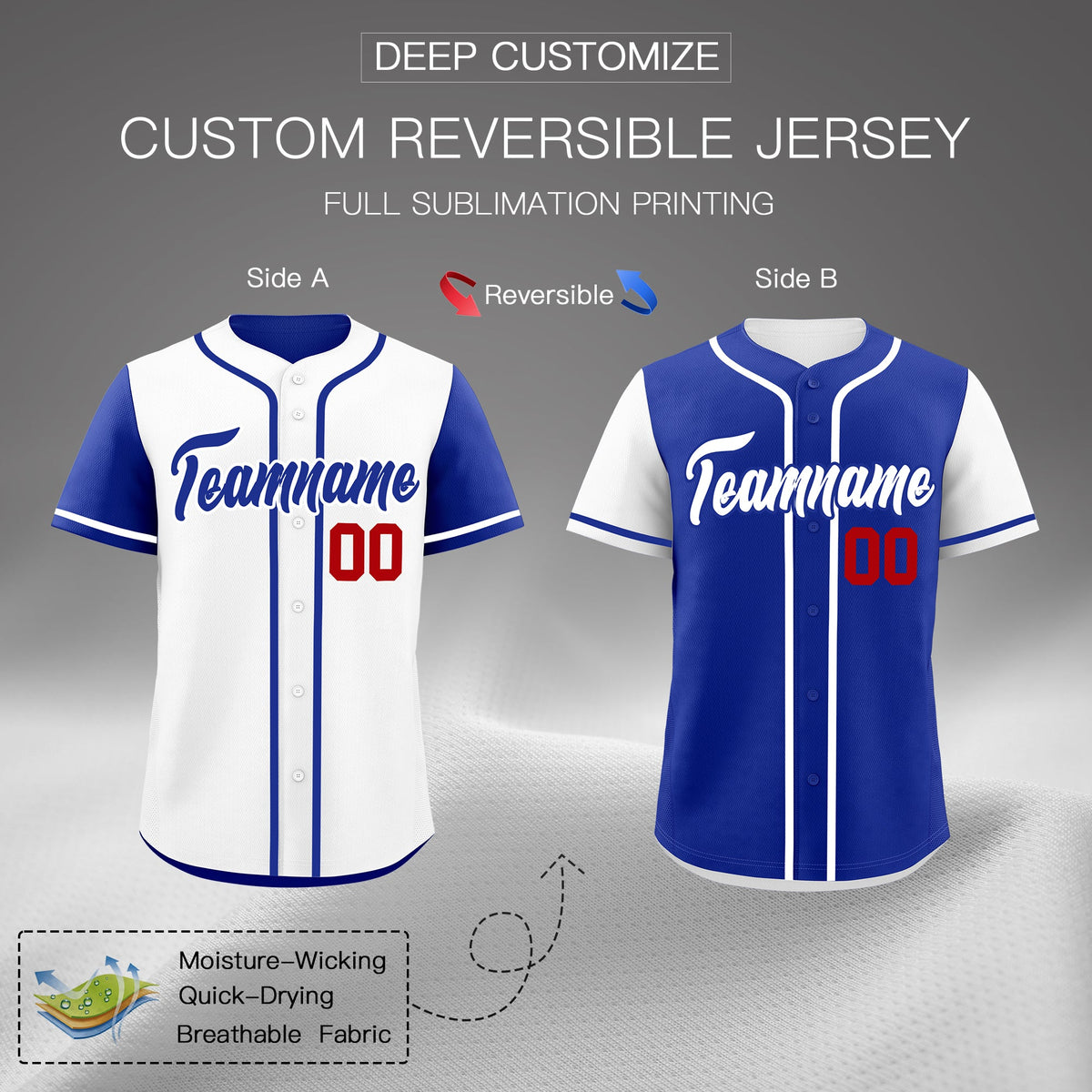 Custom Royal Blue White Reversible Raglan Sleeves Baseball Jersey| KXKSHOP