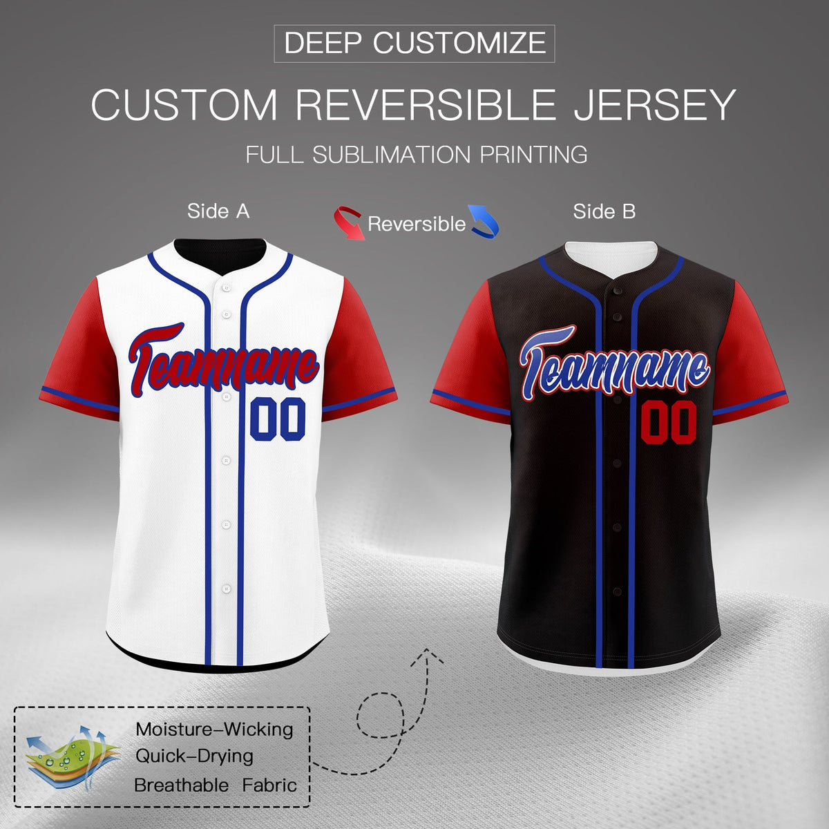 Custom White Black Royal Blue Reversible Raglan Sleeves Baseball Jersey| KXKSHOP