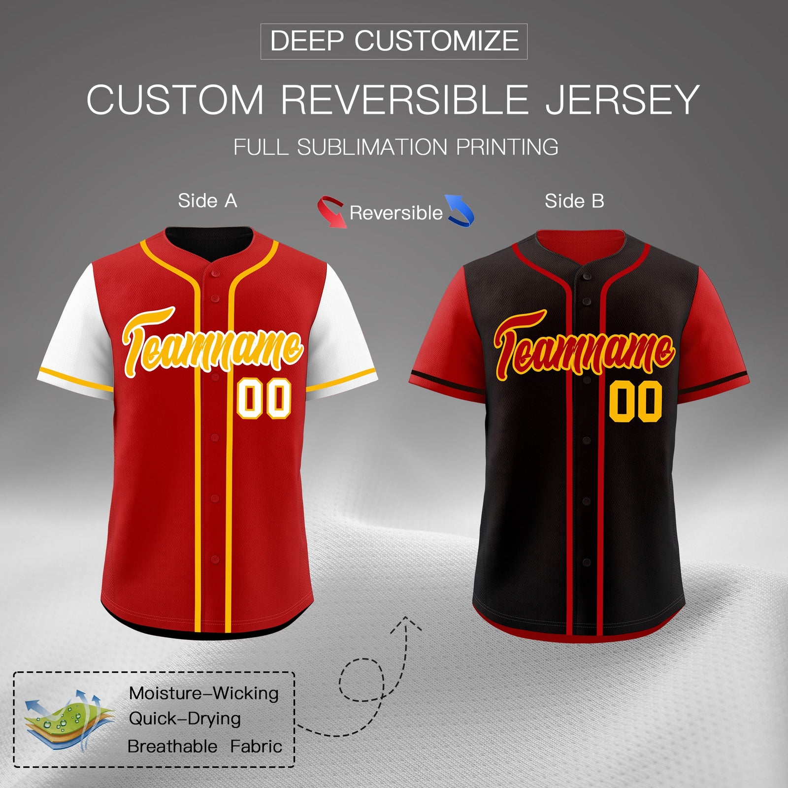 Custom Red Black Yellow Reversible Raglan Sleeves Baseball Jersey| KXKSHOP