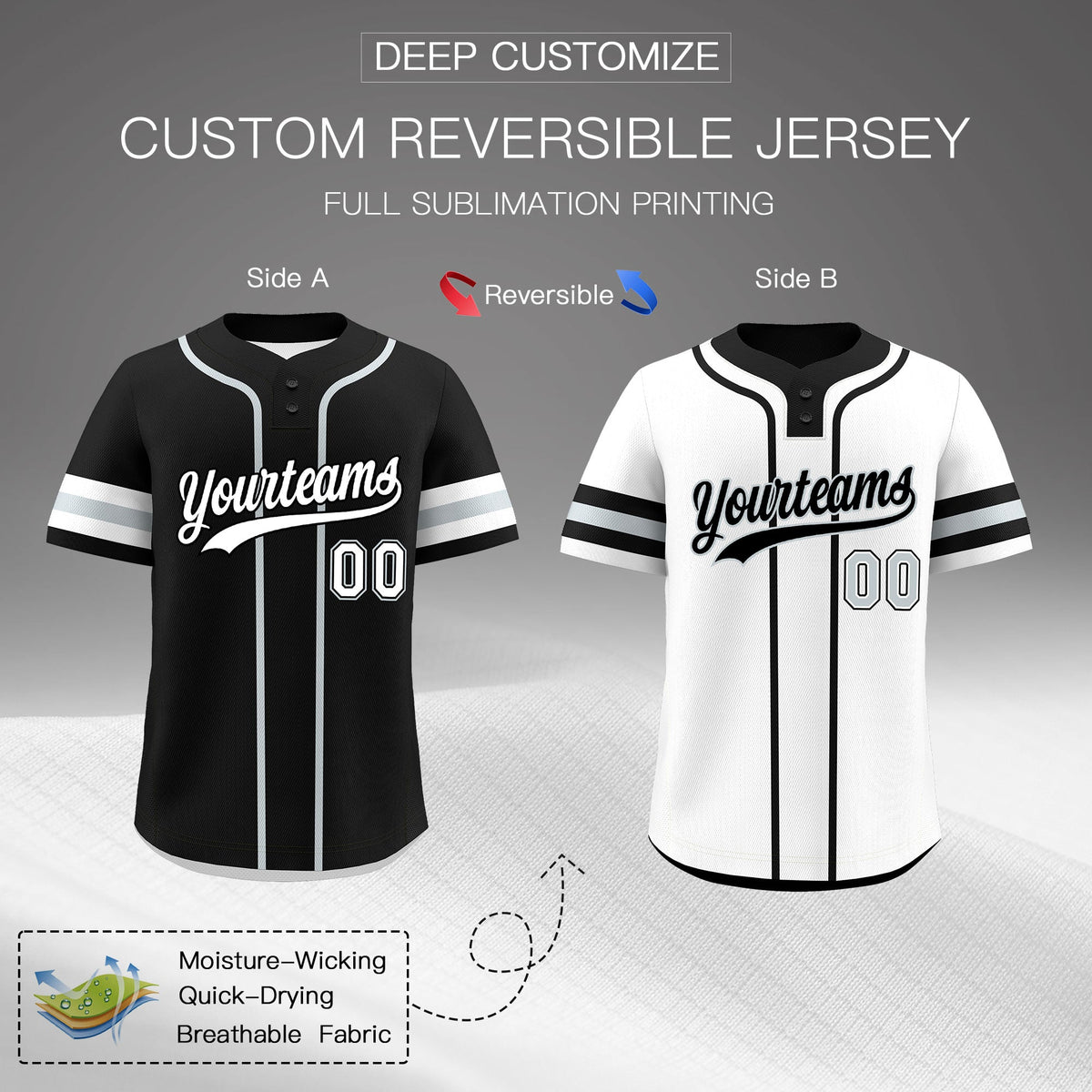 Custom White Silver Black Reversible Classic Style Two-Button Baseball Jersey| KXKSHOP