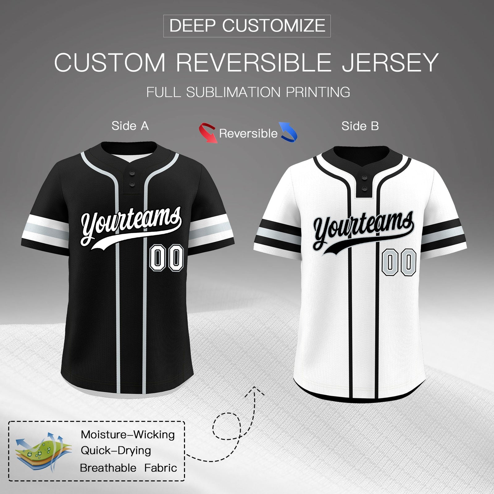 Custom White Silver Black Reversible Classic Style Two-Button Baseball Jersey| KXKSHOP