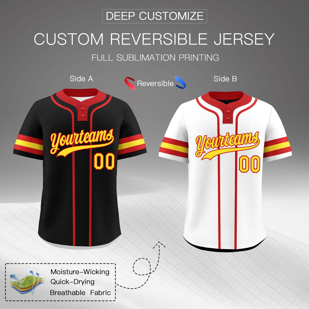 Custom Red Gold Reversible Classic Style Two-Button Baseball Jersey| KXKSHOP