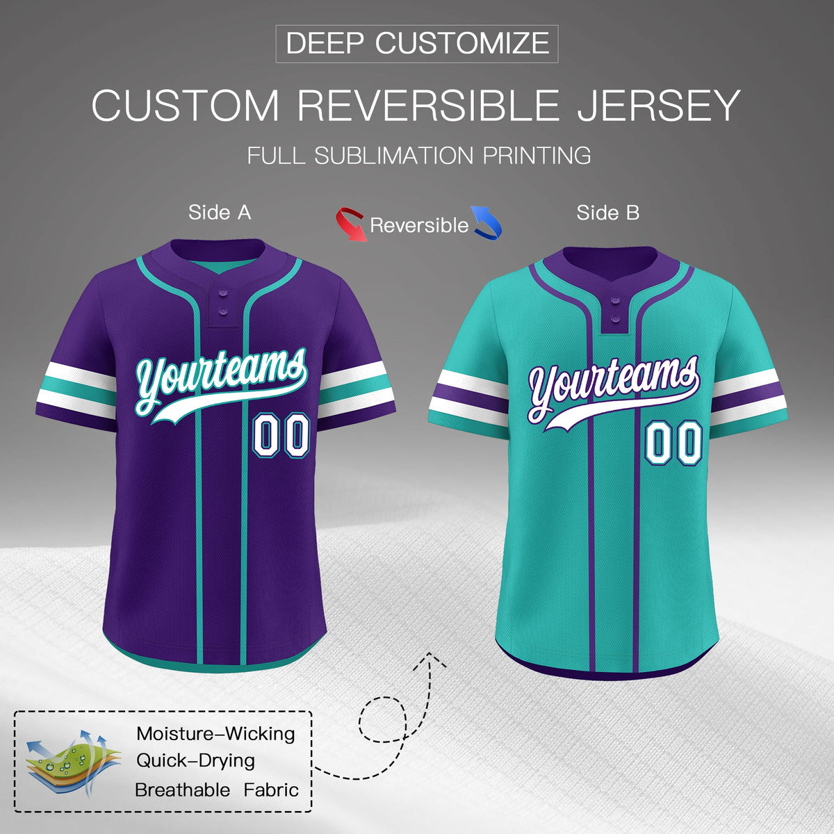 Custom White Aqua Purple Reversible Classic Style Two-Button Baseball Jersey| KXKSHOP