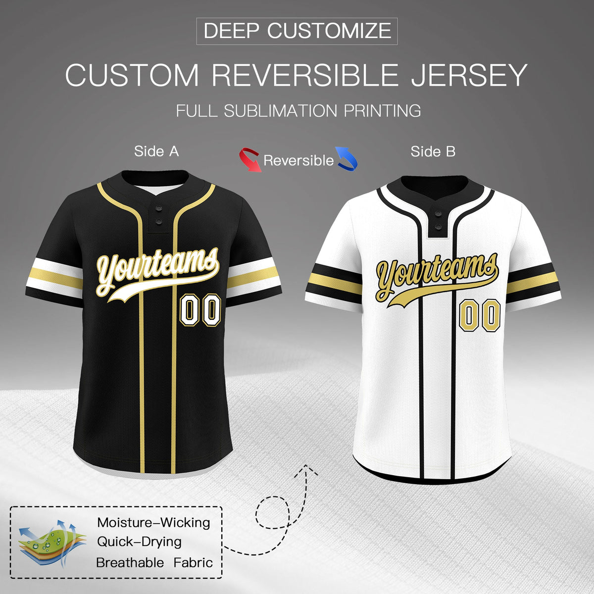Custom White Old Gold Black Reversible Classic Style Two-Button Baseball Jersey| KXKSHOP