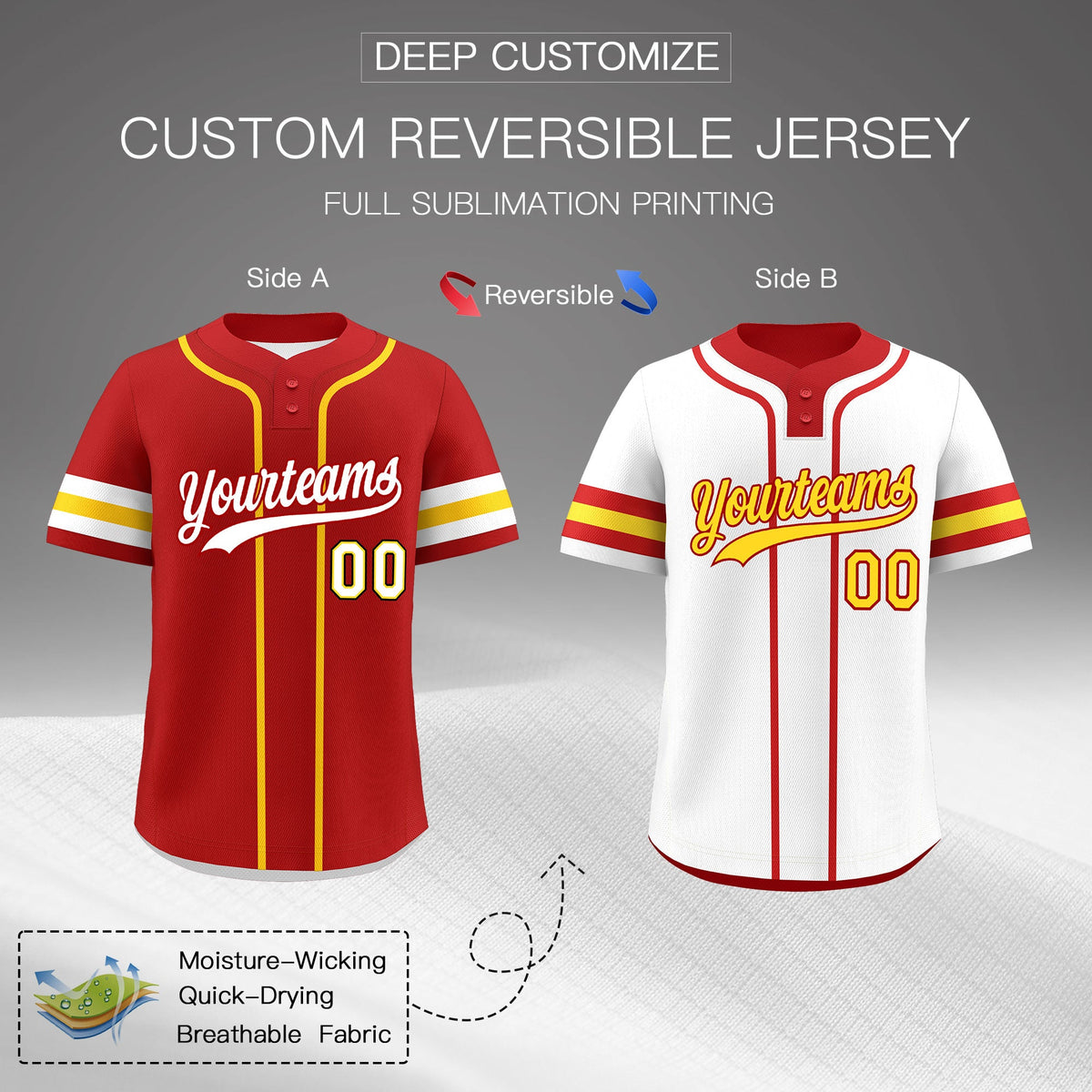 Custom White Gold Red Reversible Classic Style Two-Button Baseball Jersey| KXKSHOP