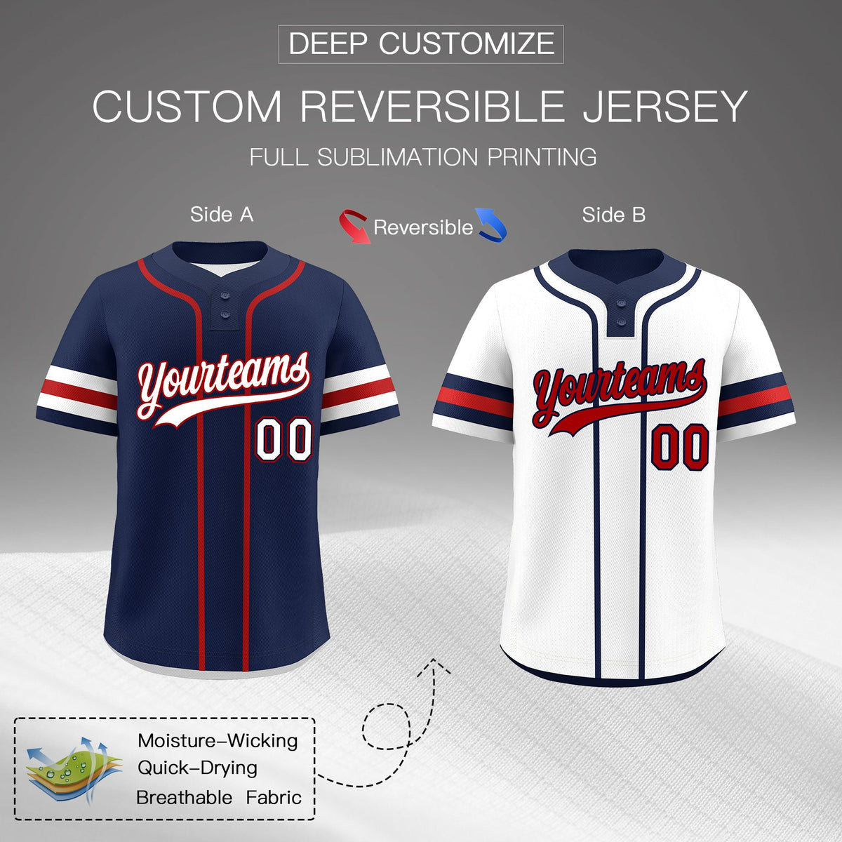 Custom White Red Navy Reversible Classic Style Two-Button Baseball Jersey| KXKSHOP