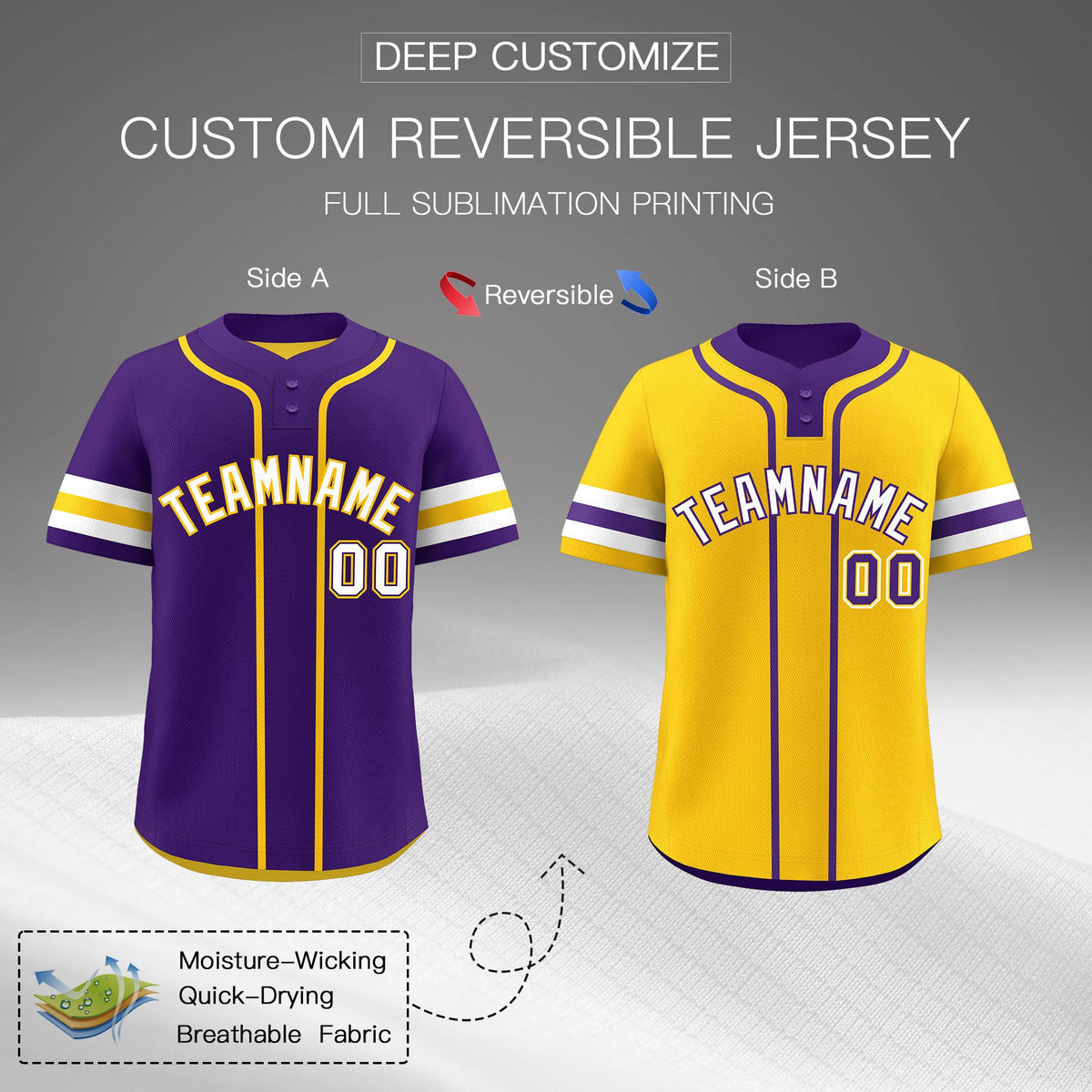 Custom White Gold Purple Reversible Classic Style Two-Button Baseball Jersey| KXKSHOP