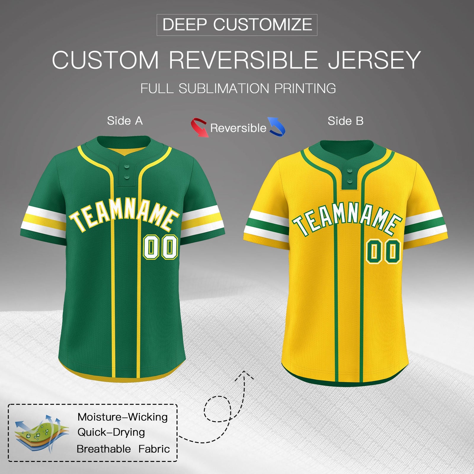 Custom White Gold Kelly Green Reversible Classic Style Two-Button Baseball Jersey| KXKSHOP