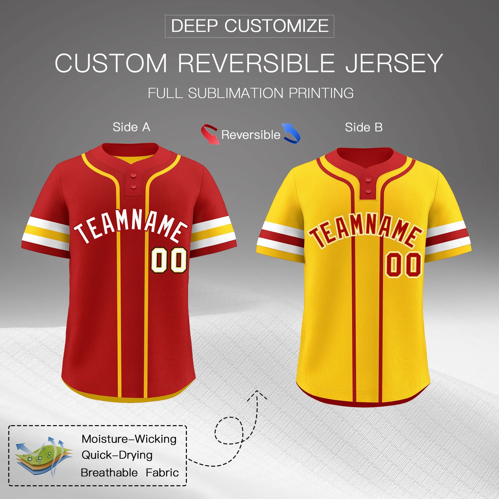 Custom White Gold Red Reversible Classic Style Two-Button Baseball Jersey| KXKSHOP