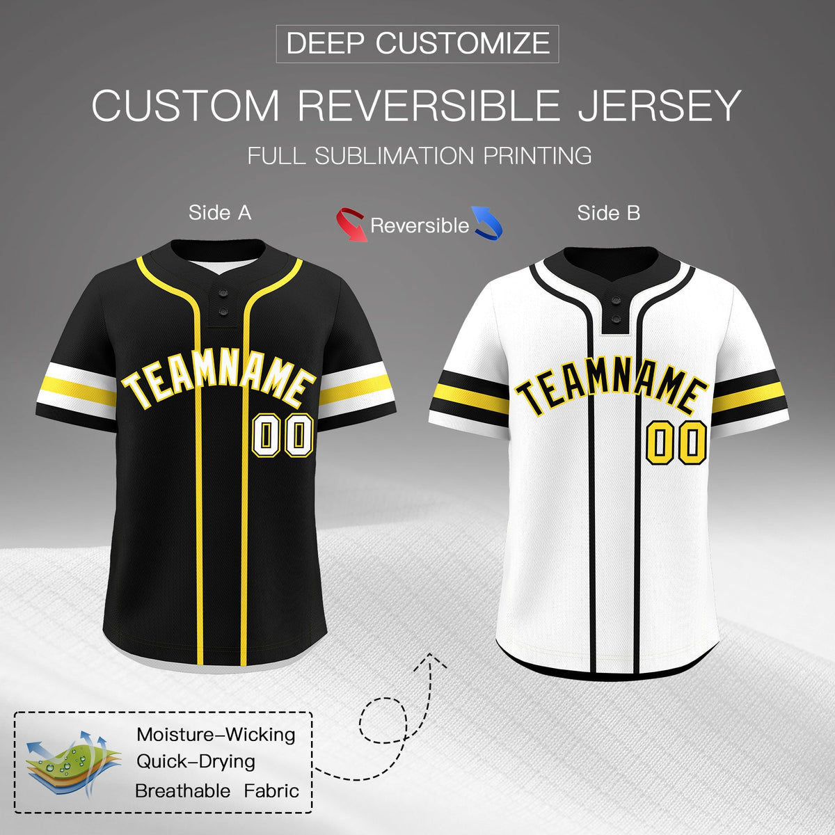 Custom White Gold Black Reversible Classic Style Two-Button Baseball Jersey| KXKSHOP