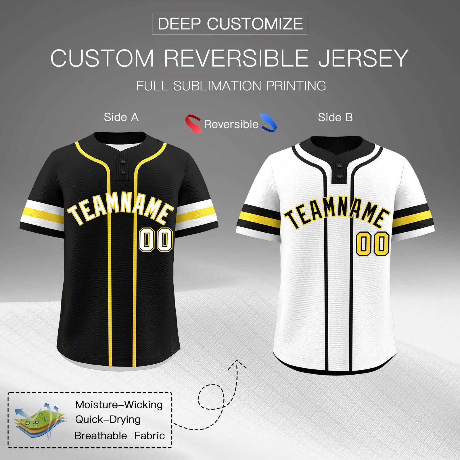 Custom White Gold Black Reversible Classic Style Two-Button Baseball Jersey| KXKSHOP