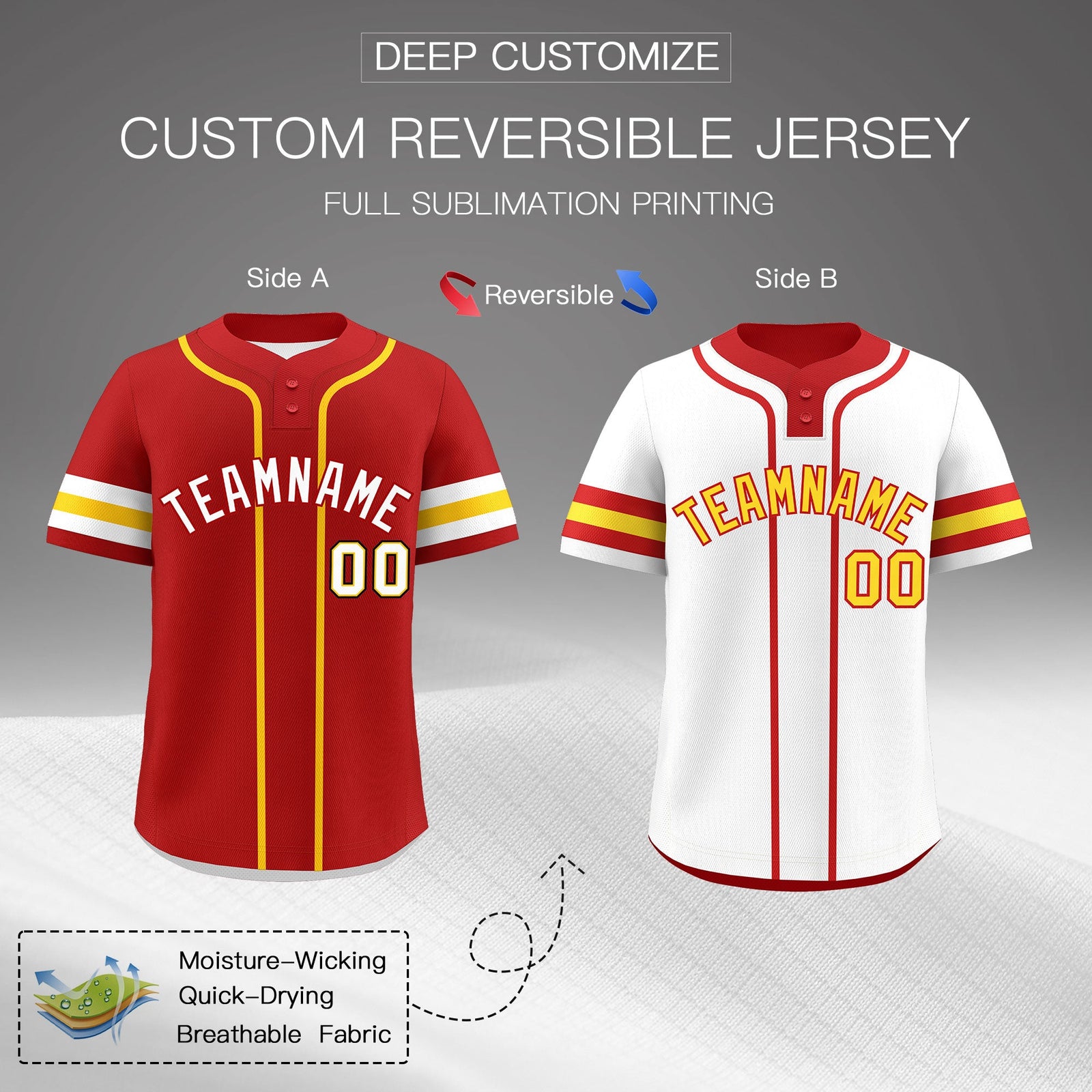 Custom White Gold Red Reversible Classic Style Two-Button Baseball Jersey| KXKSHOP