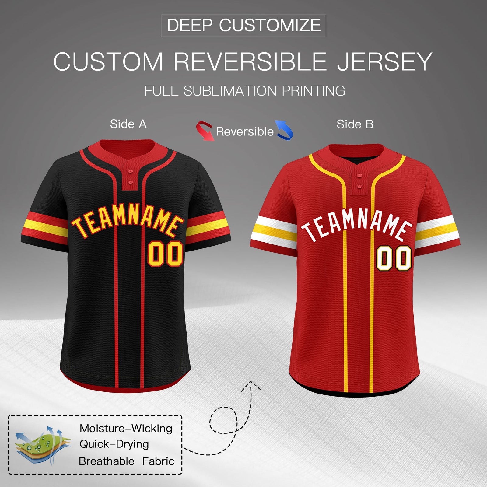 Custom Red Gold White Reversible Classic Style Two-Button Baseball Jersey| KXKSHOP