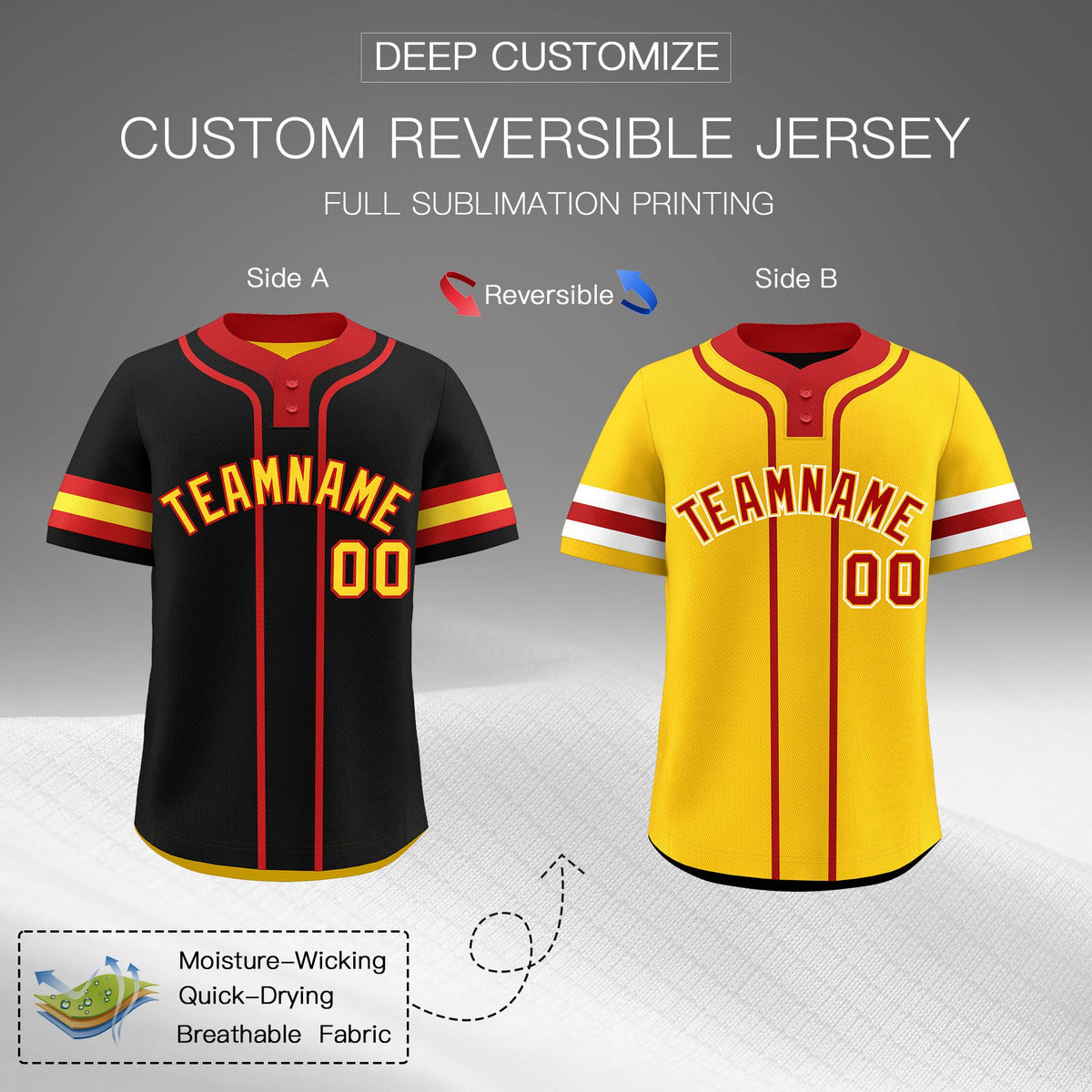 Custom Red Gold White Reversible Classic Style Two-Button Baseball Jersey| KXKSHOP