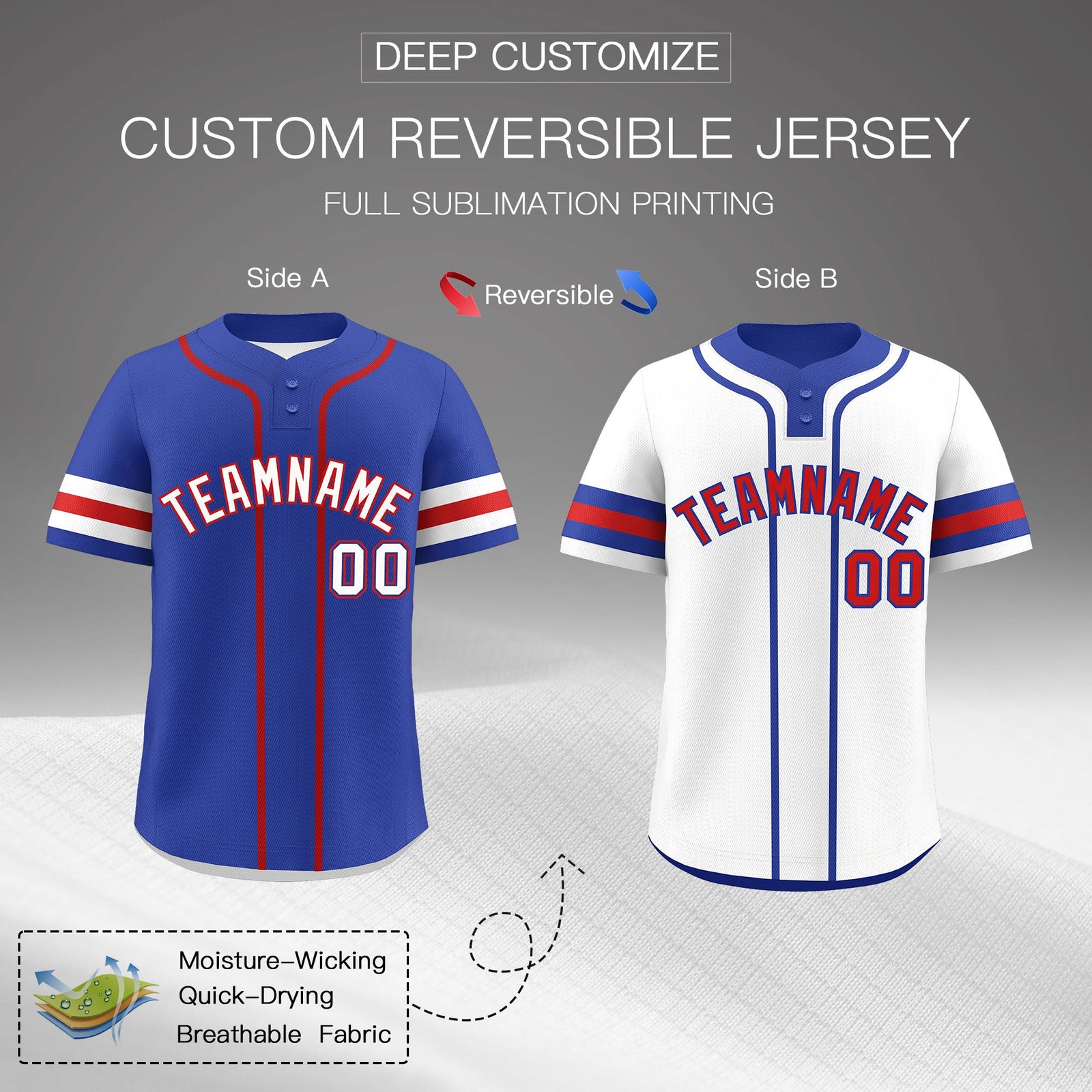 Custom White Red Royal Blue Reversible Classic Style Two-Button Baseball Jersey| KXKSHOP
