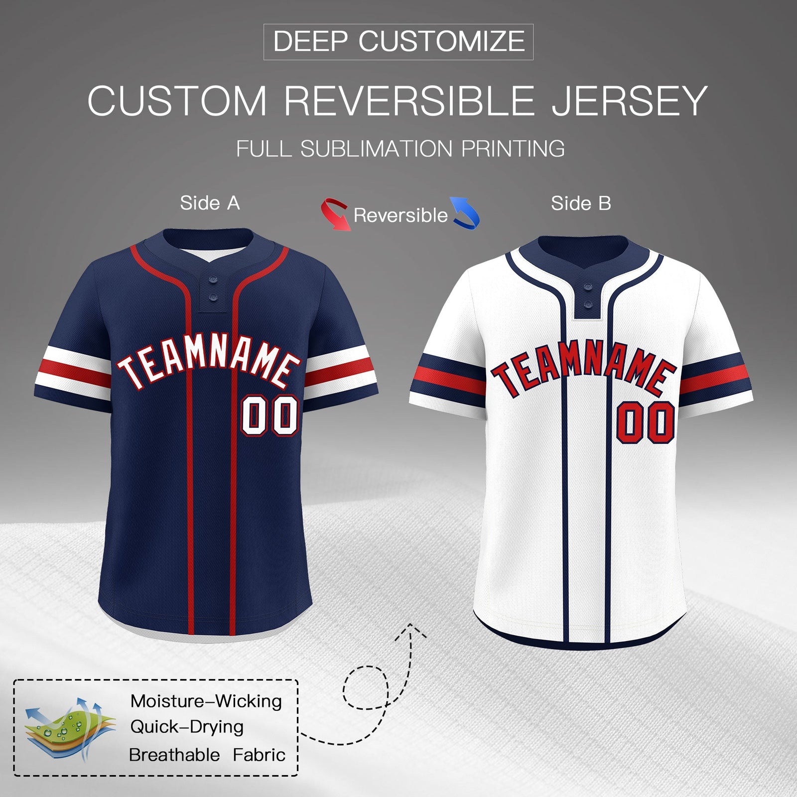 Custom White Red Navy Reversible Classic Style Two-Button Baseball Jersey| KXKSHOP