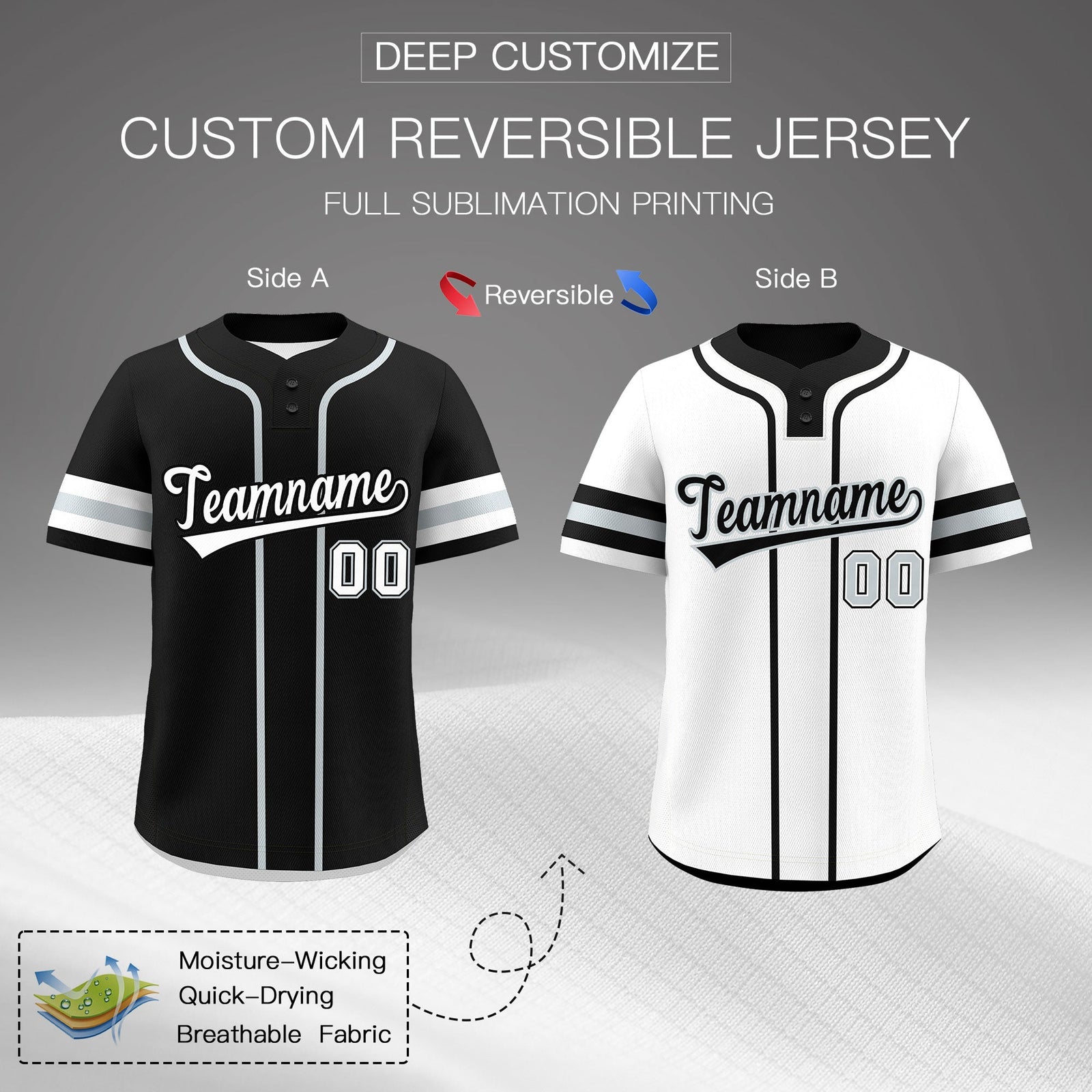 Custom White Silver Black Reversible Classic Style Two-Button Baseball Jersey| KXKSHOP