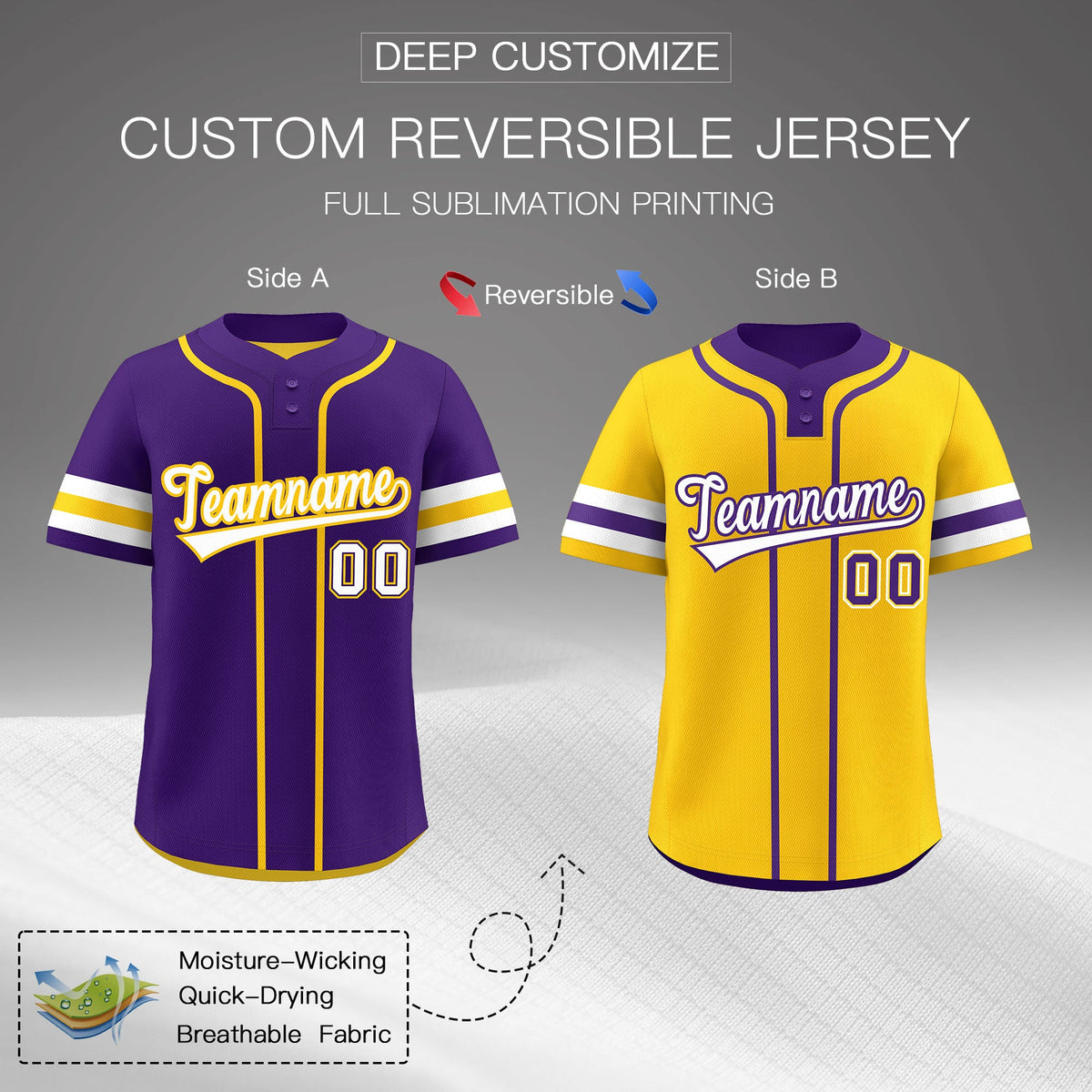Custom White Gold Purple Reversible Classic Style Two-Button Baseball Jersey| KXKSHOP