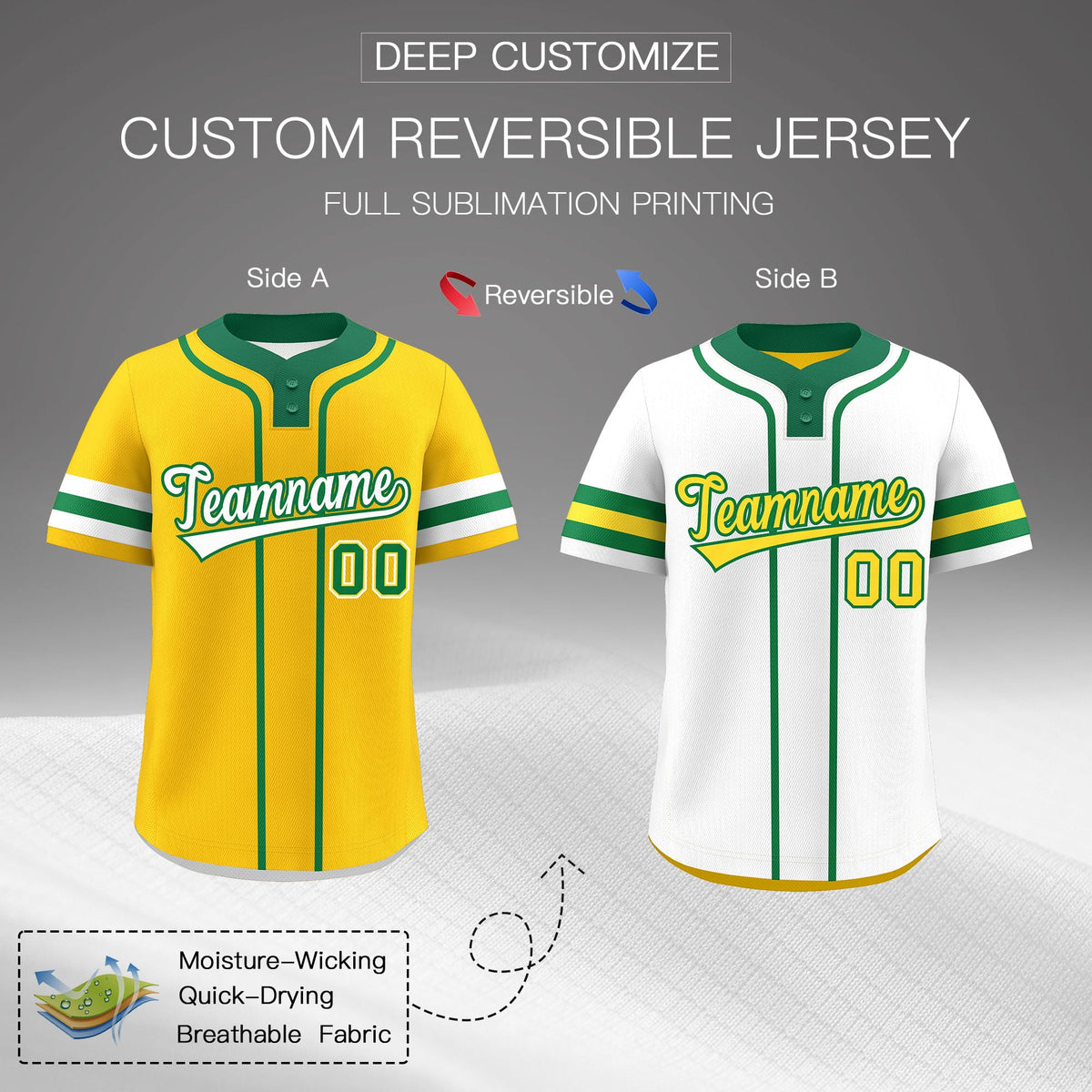 Custom White Kelly Green Gold Reversible Classic Style Two-Button Baseball Jersey| KXKSHOP