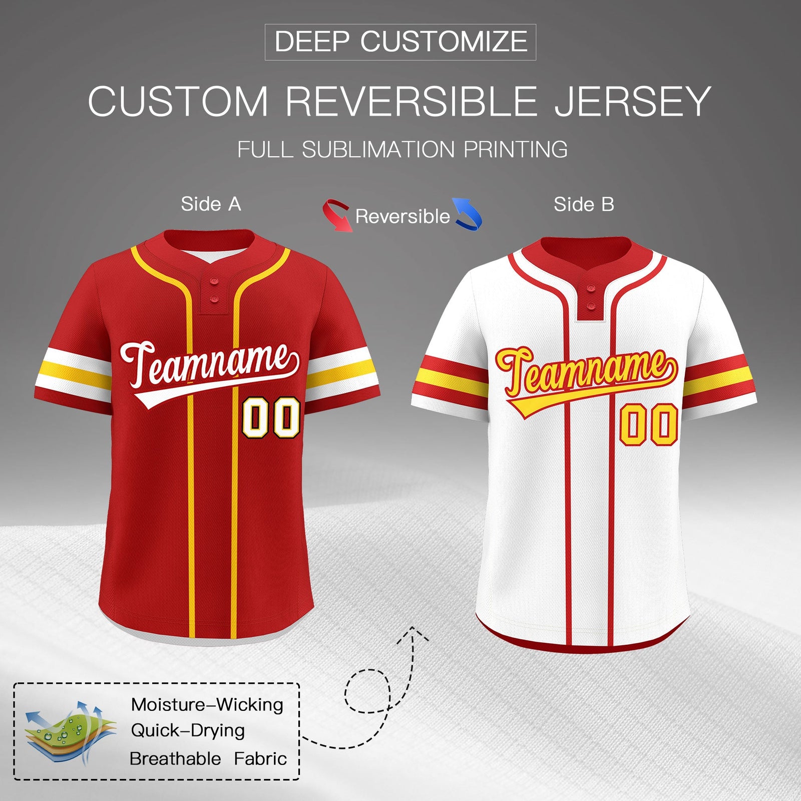 Custom White Gold Red Reversible Classic Style Two-Button Baseball Jersey| KXKSHOP