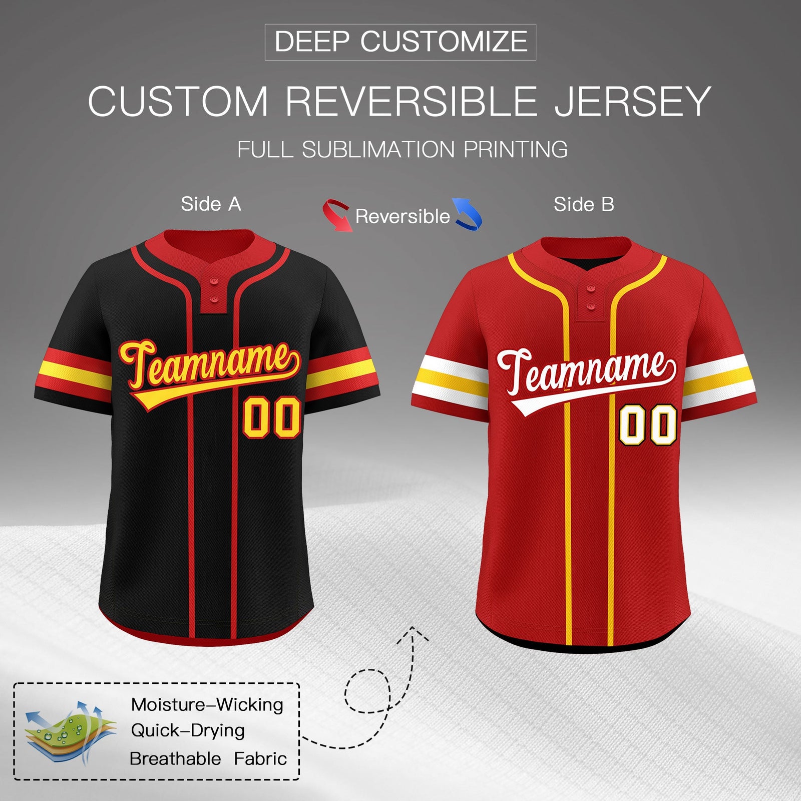 Custom Red Gold White Reversible Classic Style Two-Button Baseball Jersey| KXKSHOP