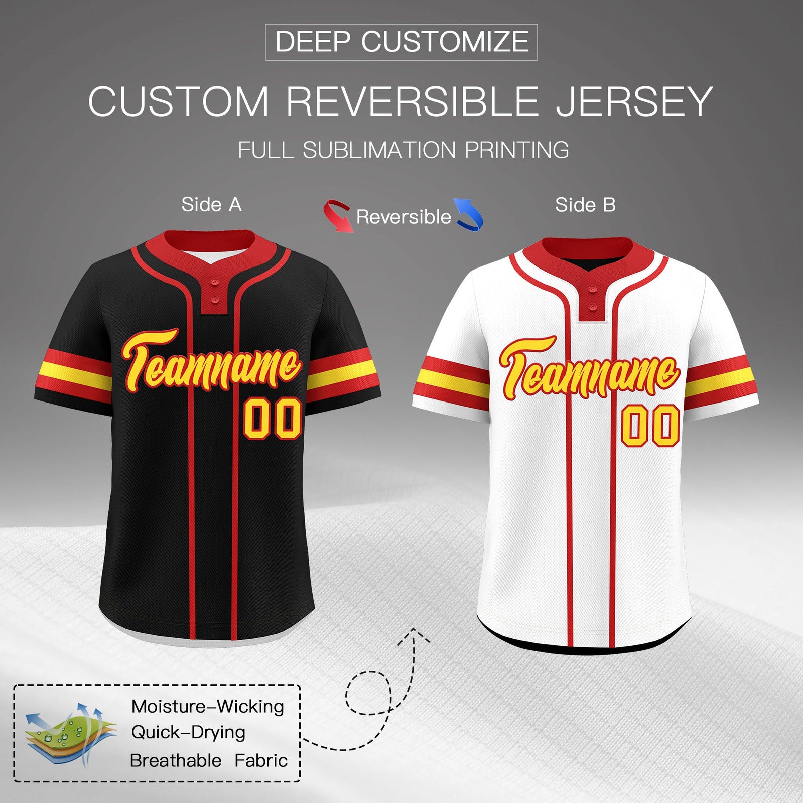 Custom Red Gold Reversible Classic Style Two-Button Baseball Jersey| KXKSHOP