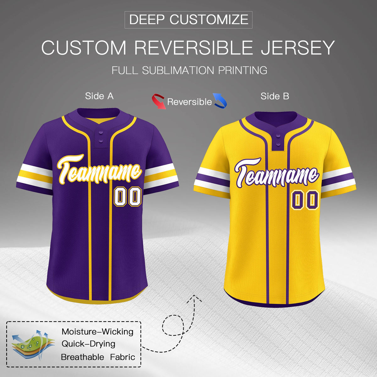 Custom White Gold Purple Reversible Classic Style Two-Button Baseball Jersey| KXKSHOP