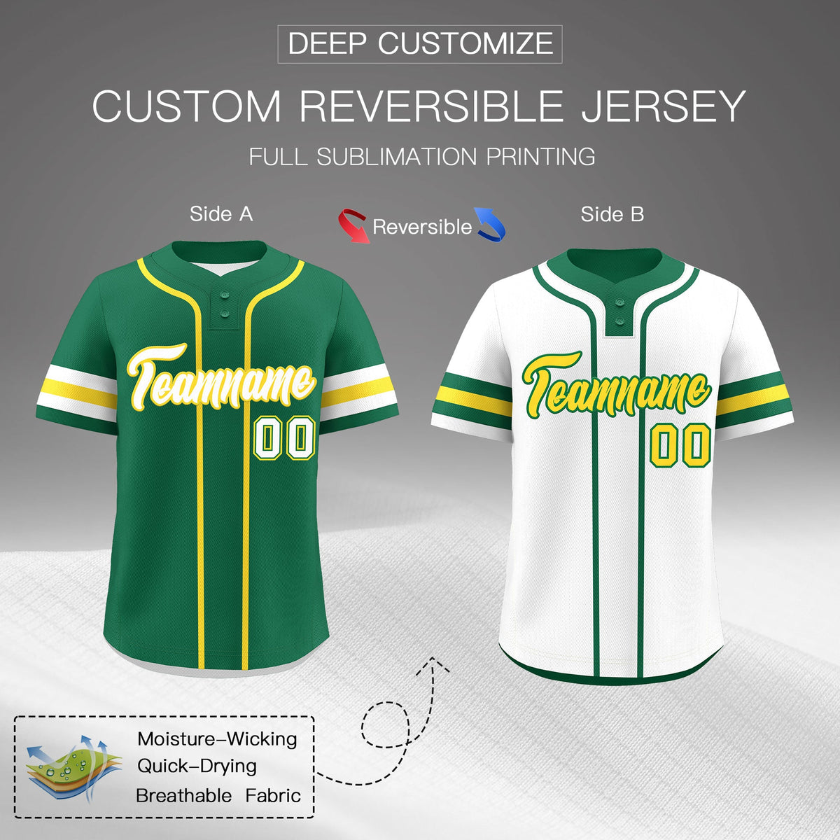 Custom White Gold Kelly Green Reversible Classic Style Two-Button Baseball Jersey| KXKSHOP