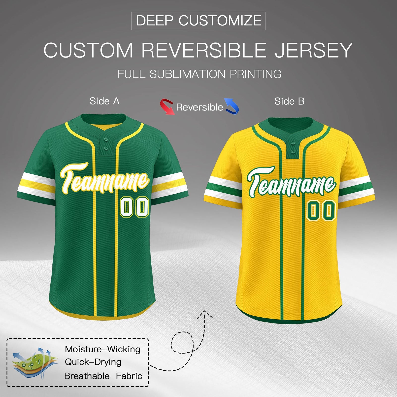 Custom White Gold Kelly Green Reversible Classic Style Two-Button Baseball Jersey| KXKSHOP