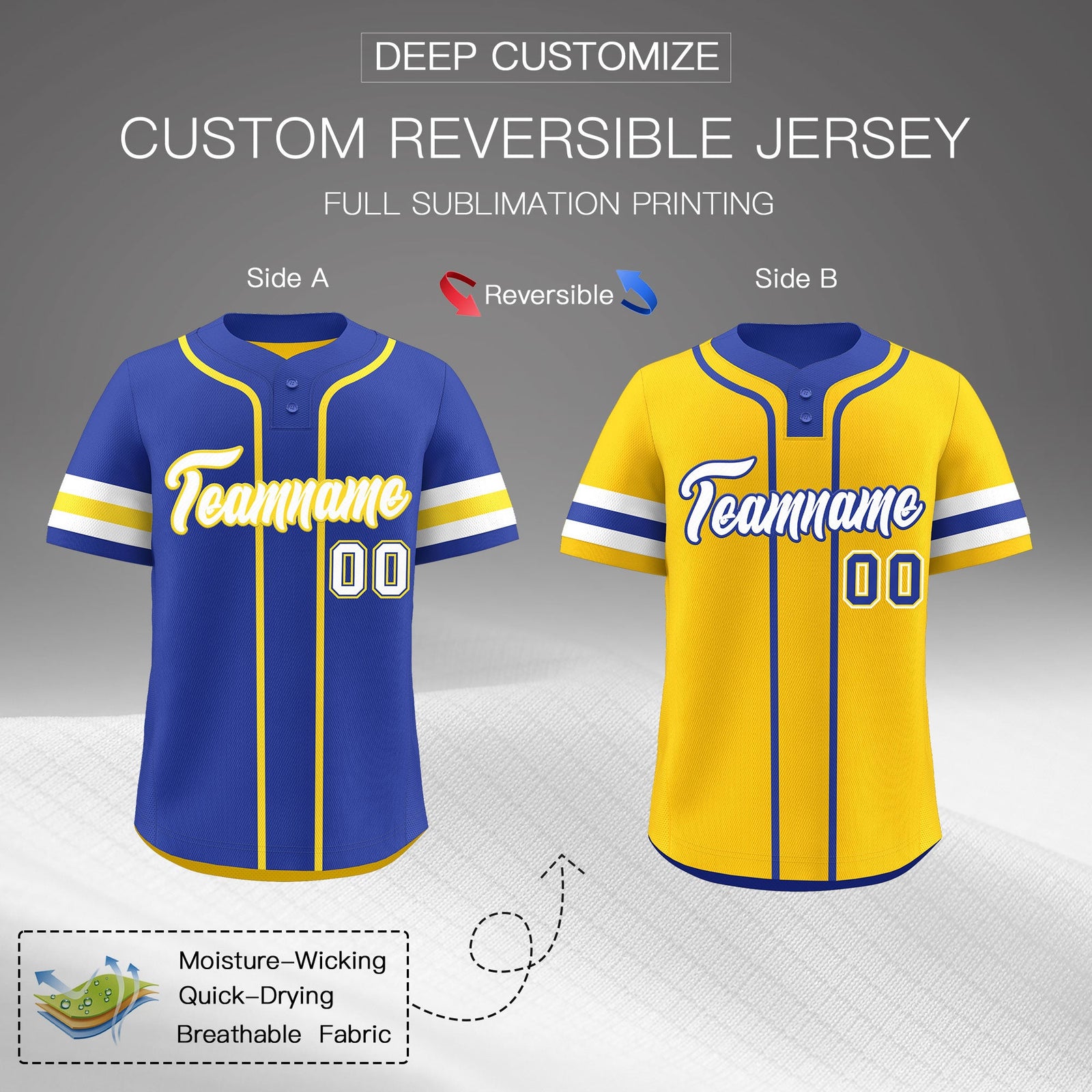 Custom White Gold Royal Blue Reversible Classic Style Two-Button Baseball Jersey| KXKSHOP