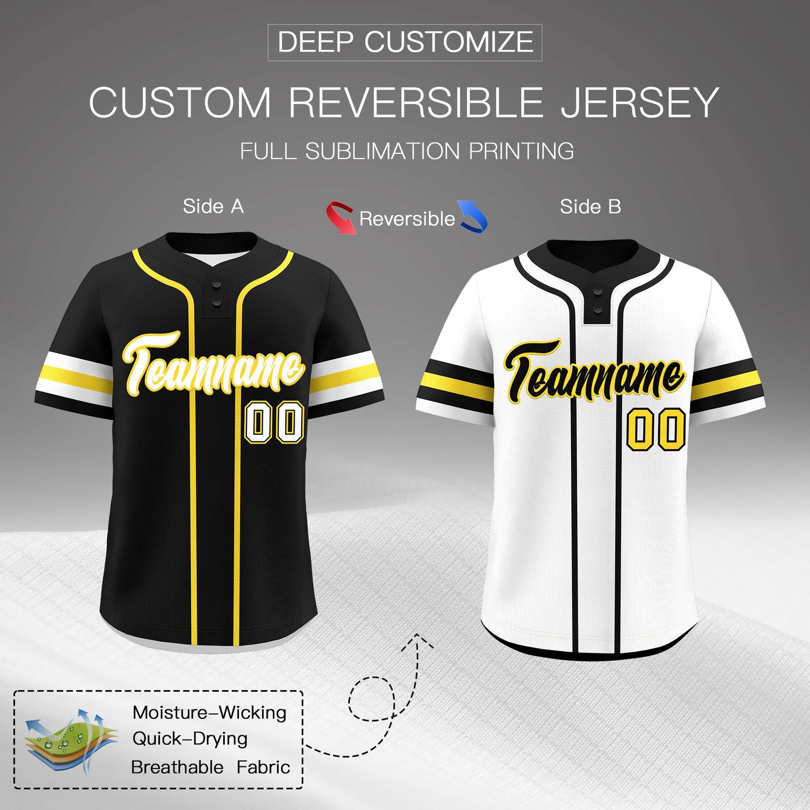 Custom White Gold Black Reversible Classic Style Two-Button Baseball Jersey| KXKSHOP