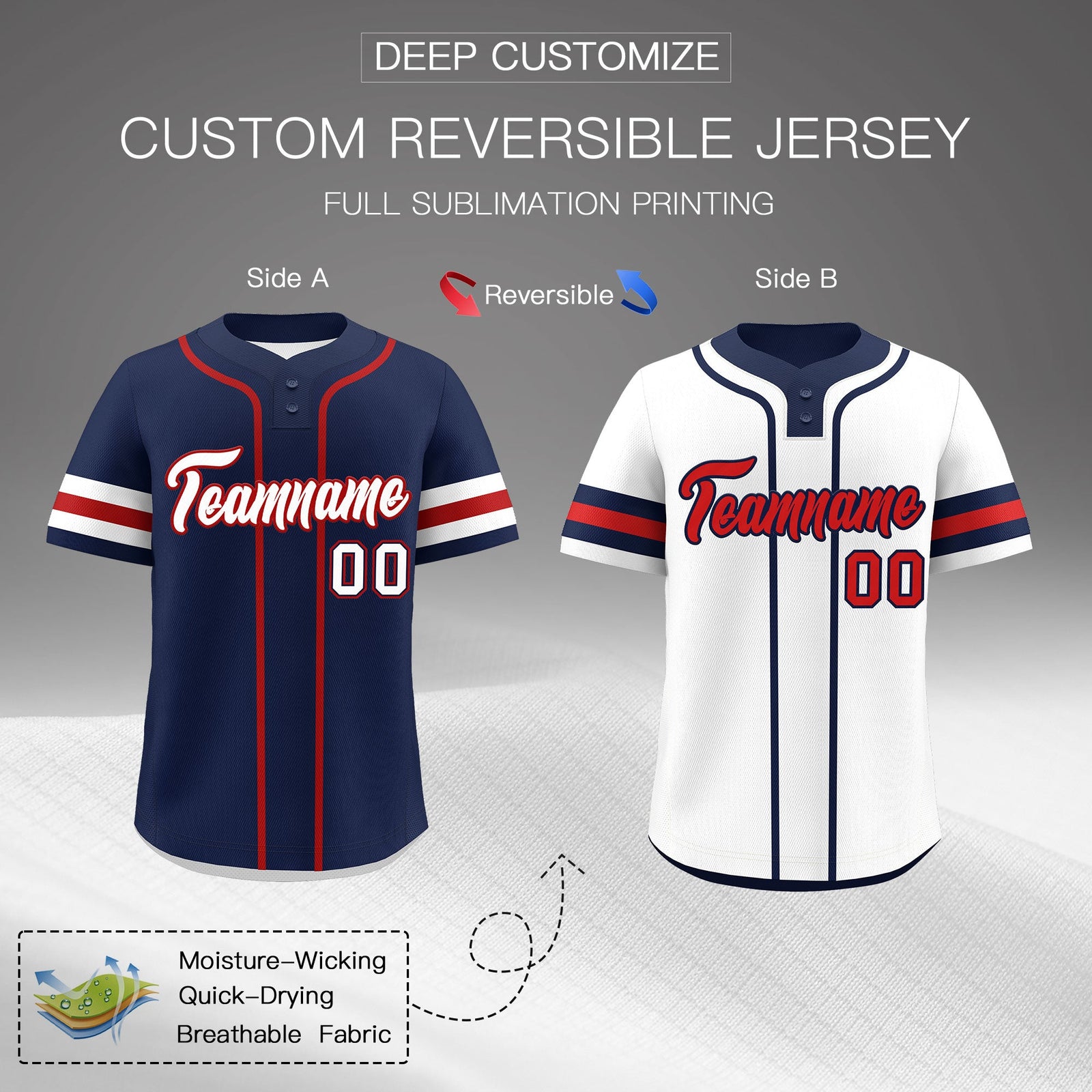 Custom White Red Navy Reversible Classic Style Two-Button Baseball Jersey| KXKSHOP