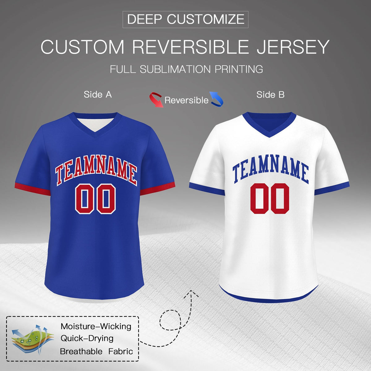Custom Royal Blue White Red Reversible Classic Style Breathable Baseball Jersey| KXKSHOP